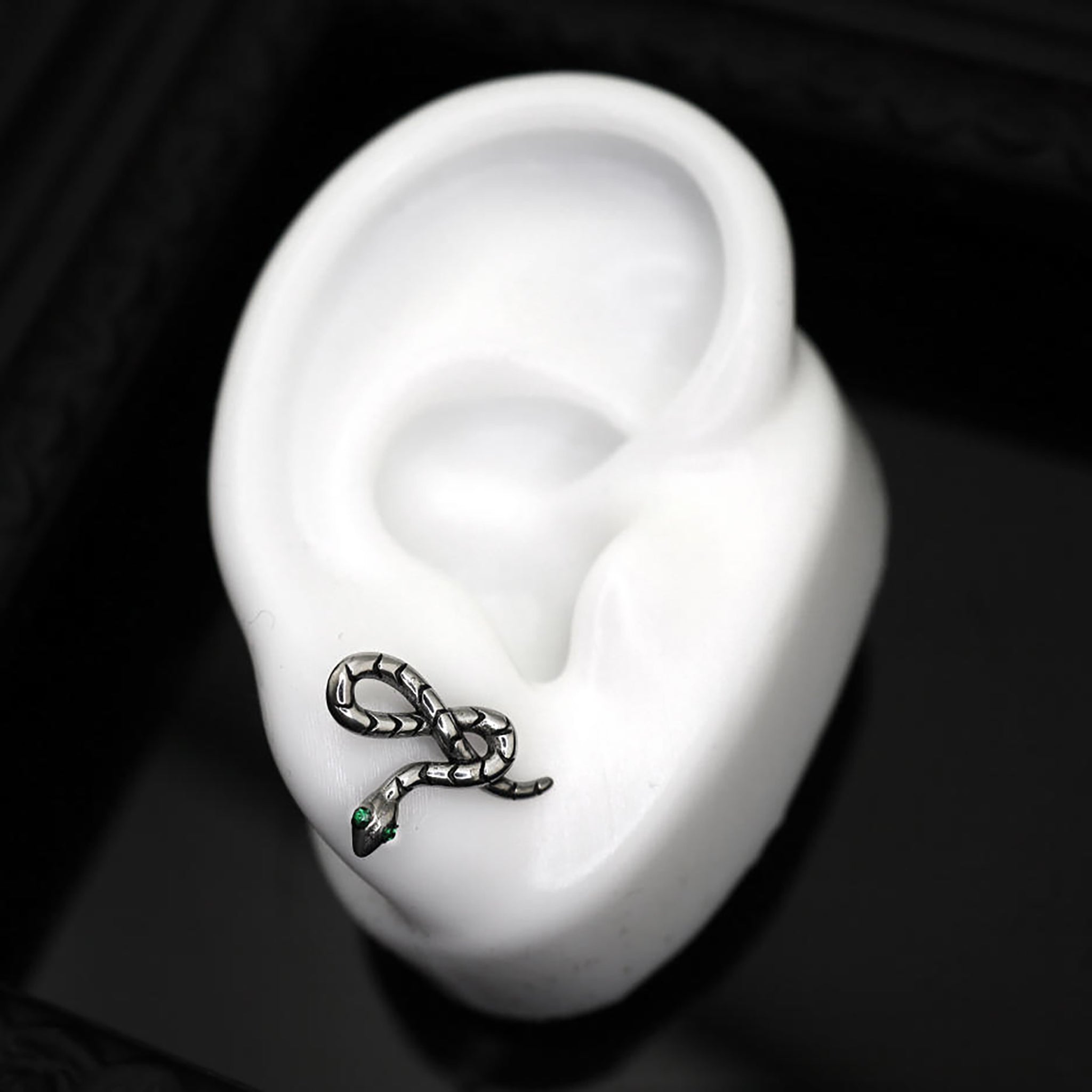 3D Green Eye Coiled Snake CZ Stainless Steel Ear Studs - 3D Green Eye Coiled Snake CZ Stainless Steel Ear Studs - Single by CRUXJEWELRY