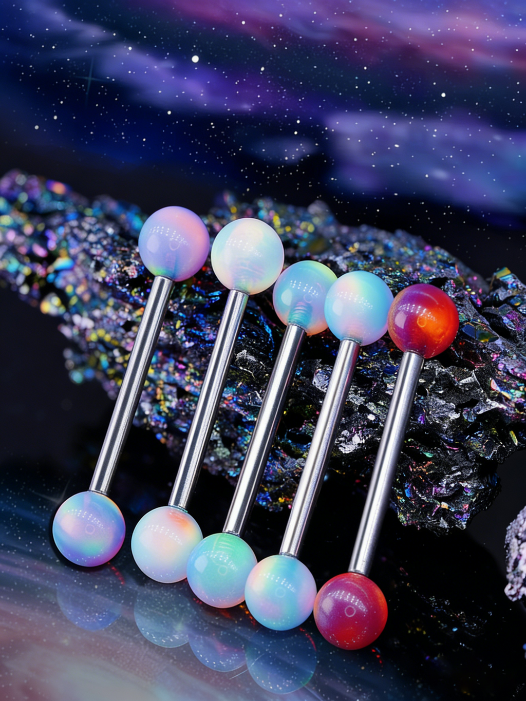 Aurora Iridescent Double 5mm Opal Tongue Ring | F136 Titanium Internally Threaded Nebula