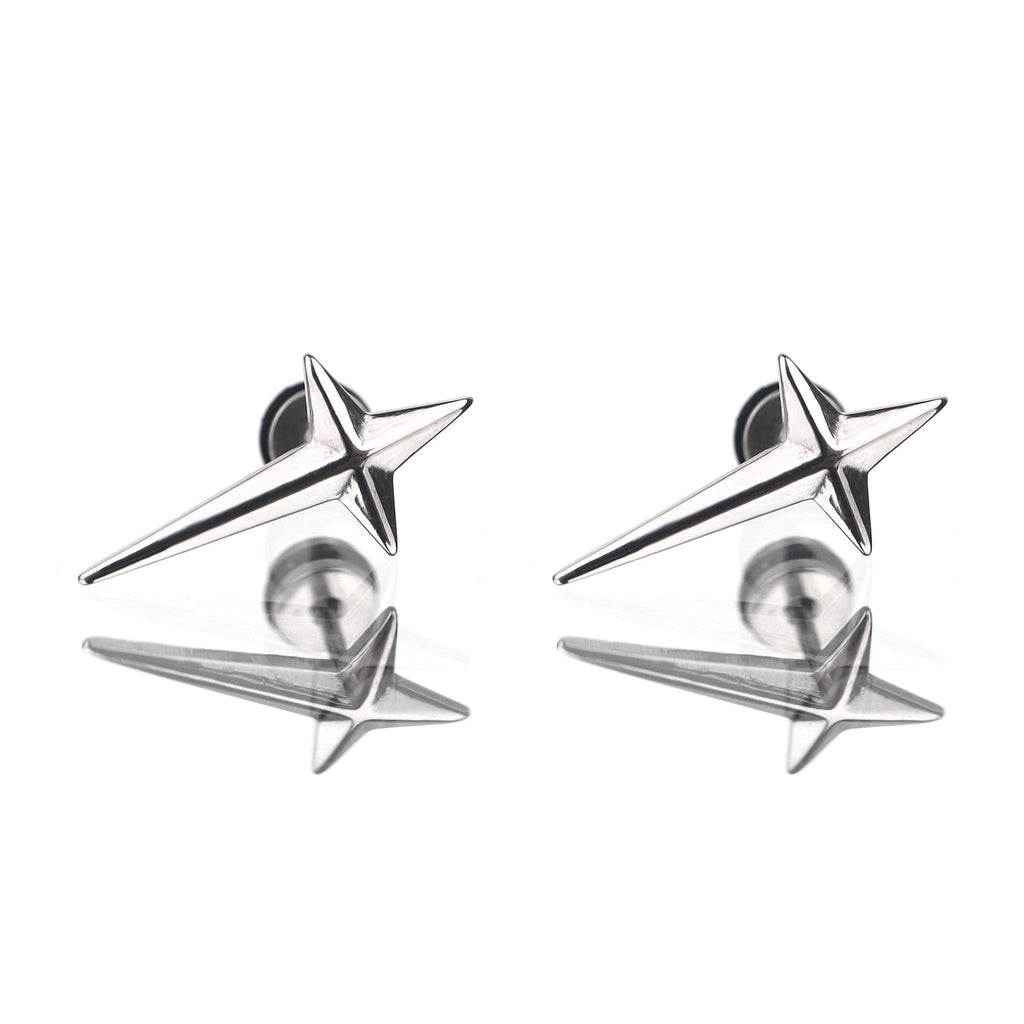 Large Black & White 3D Four-Point Star Externally Threaded Stainless Steel Ear Studs - Large Black & White 3D Four-Point Star Externally Threaded Stainless Steel Ear Studs - Pair of White by CRUXJEWELRY