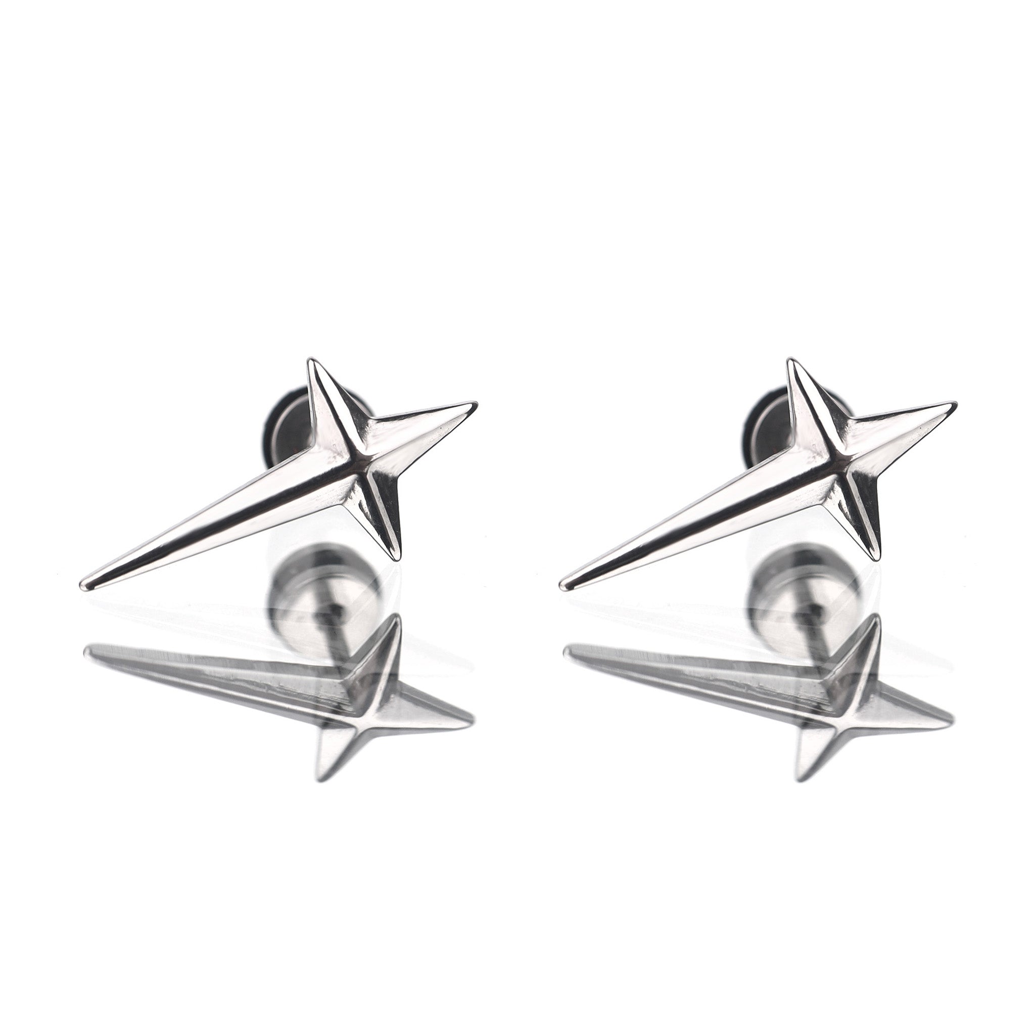 Large Black & White 3D Four-Point Star Externally Threaded Stainless Steel Ear Studs - Large Black & White 3D Four-Point Star Externally Threaded Stainless Steel Ear Studs - Pair of White by CRUXJEWELRY