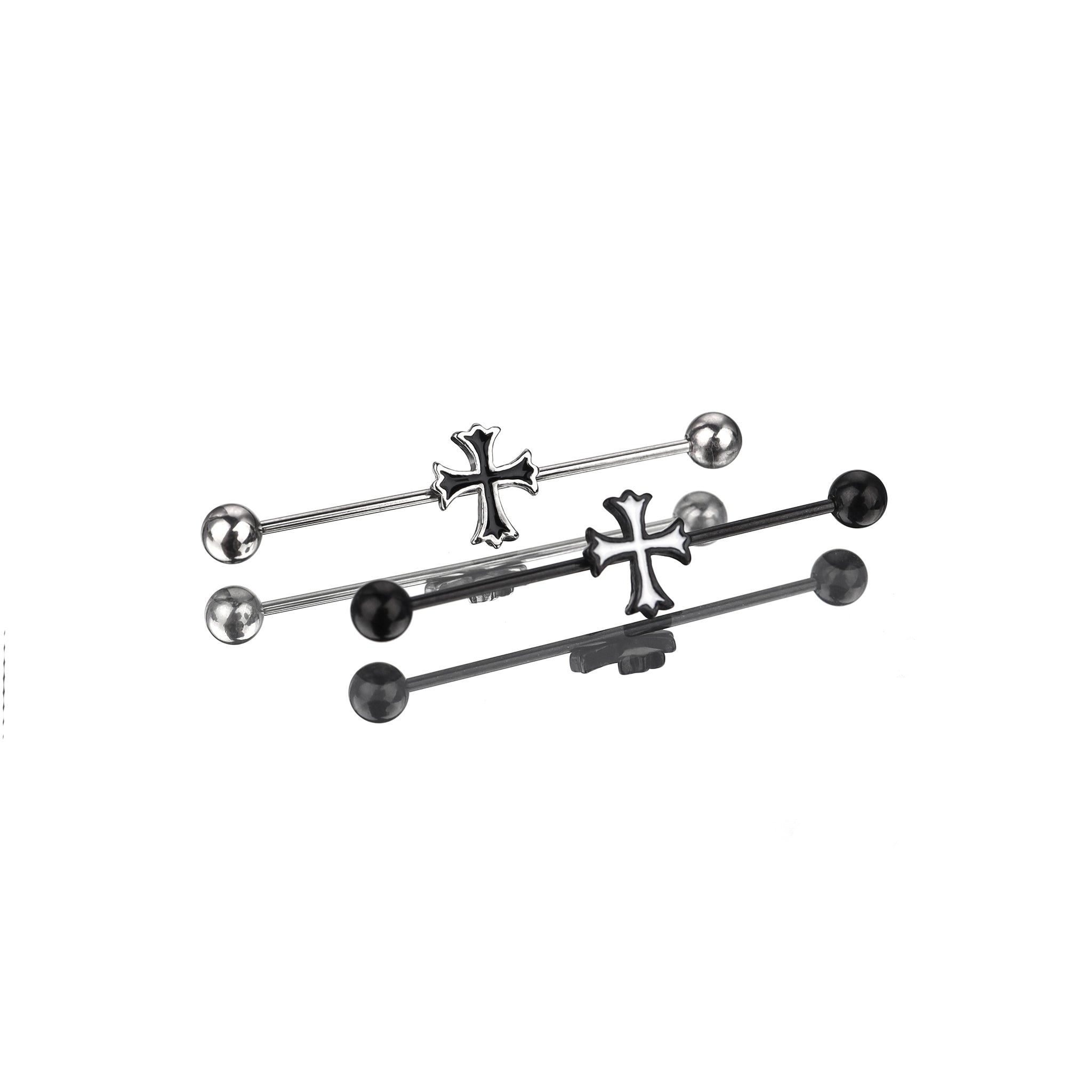 Black & White Cross Stainless Steel Industrial Barbell - Black & White Cross Stainless Steel Industrial Barbell - Sliver by CRUXJEWELRY