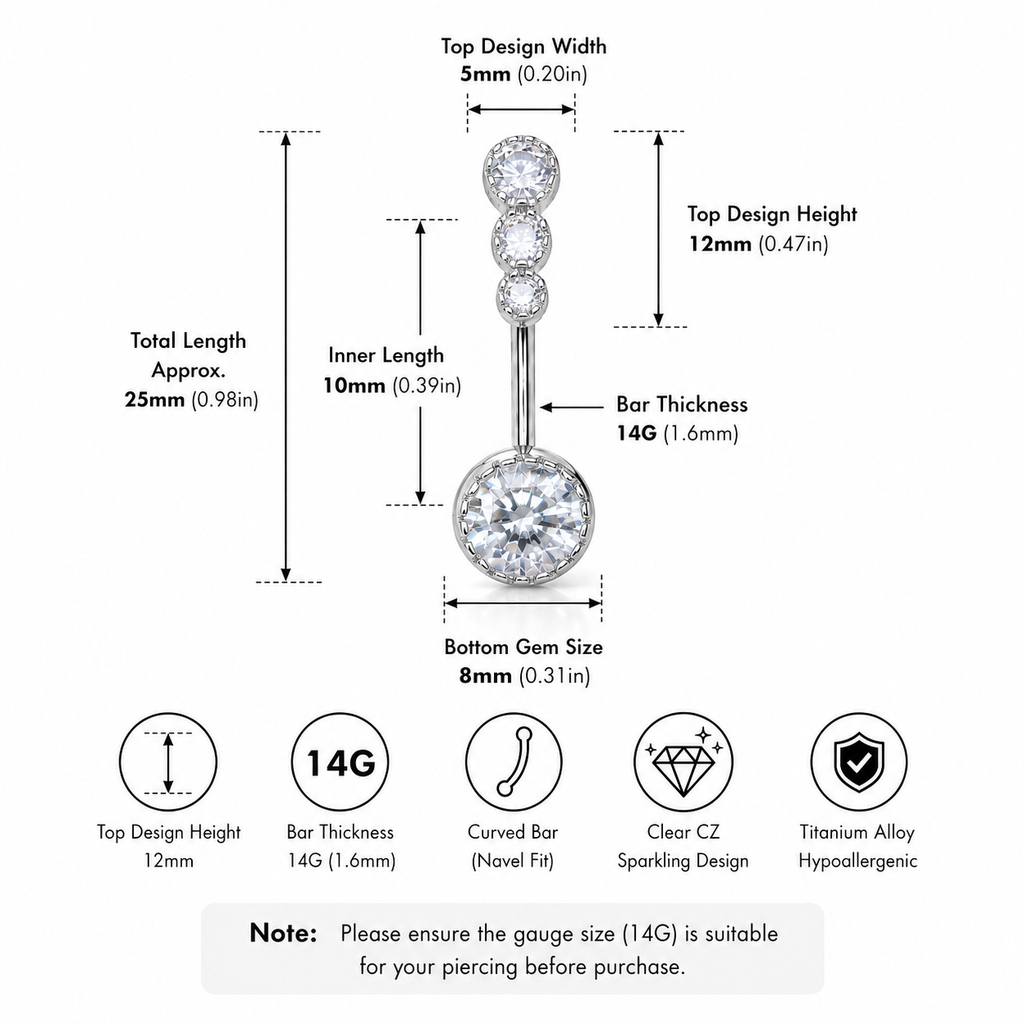 Anneau de nombril vintage en argent massif orné de quatre zirconias 