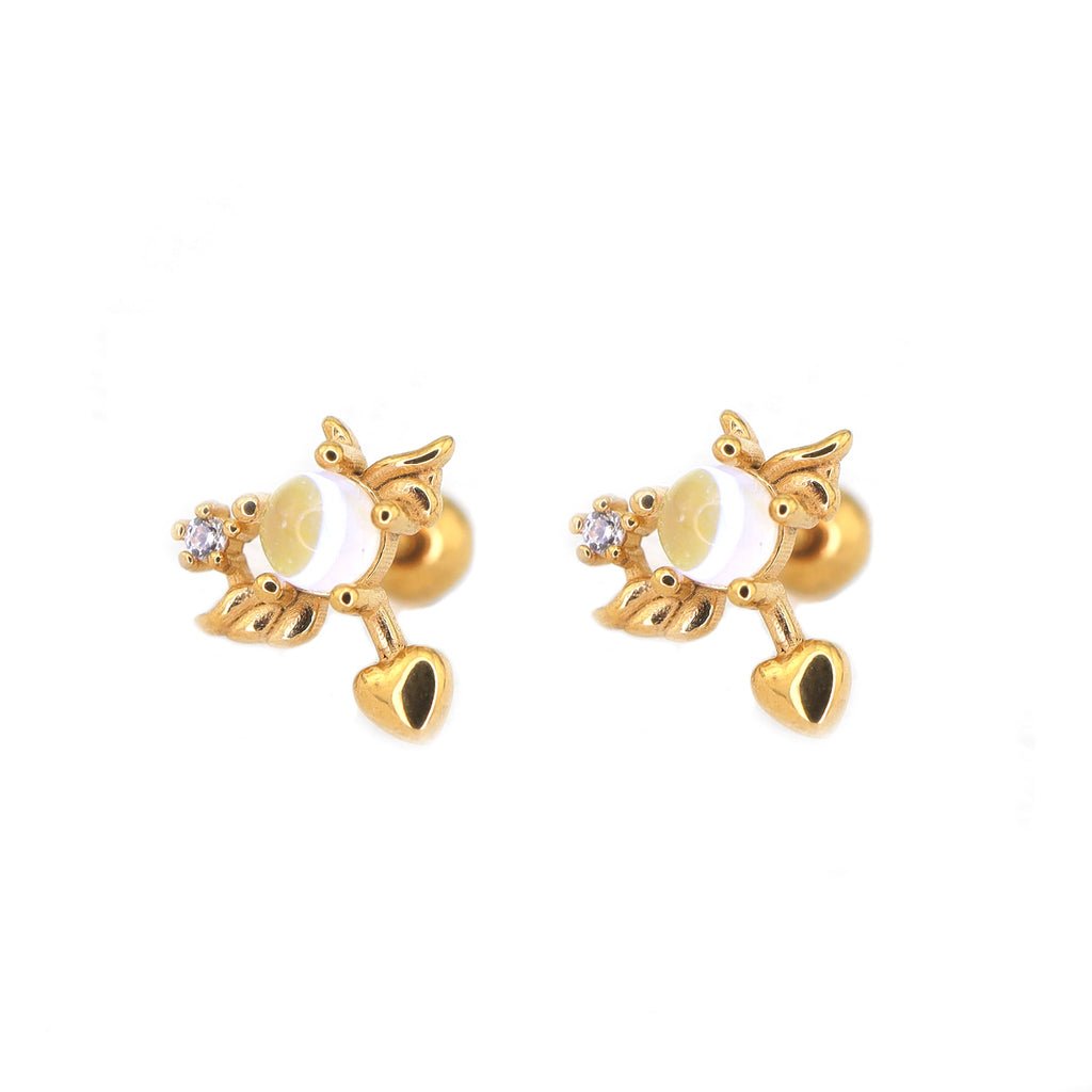 Heart Opal Wing stainless steel Ear Stud - Heart Opal Wing stainless steel Ear Stud - Set / gold by CRUXJEWELRY