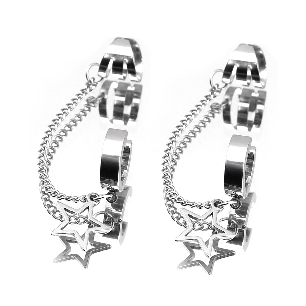 Black & White Chain Pentagram Stainless Steel Ear Clips - Black & White Chain Pentagram Stainless Steel Ear Clips - White / Set by CRUXJEWELRY