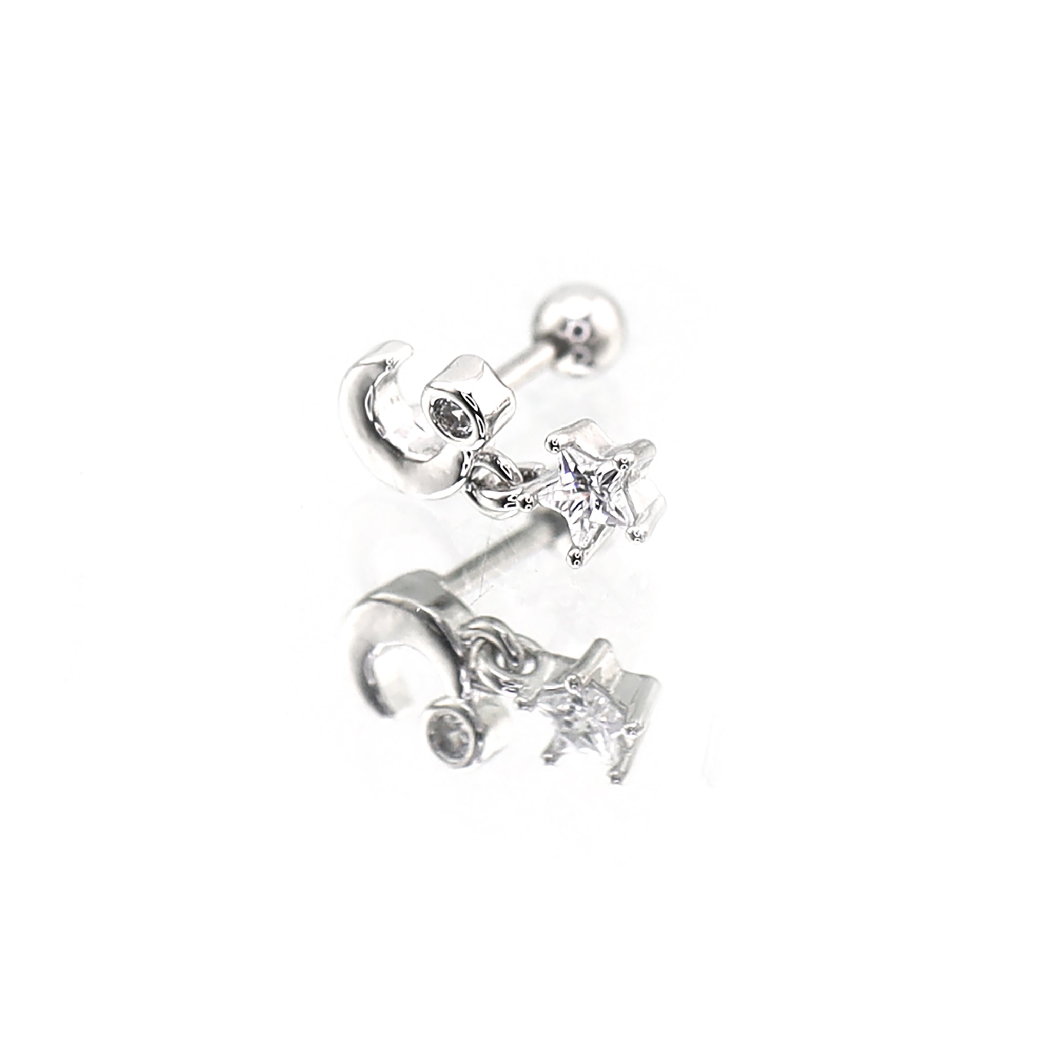 Star & Moon Dangle white-gold-plated copper Ear Studs - Star & Moon Dangle white-gold-plated copper Ear Studs - Single by CRUXJEWELRY