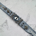 Gothic Acid Wash Blue Leather Bracelet - White Dragon Eye Spiked Cuff - Grunge Silver Chain Wristband - Winter Punk Aesthetic
