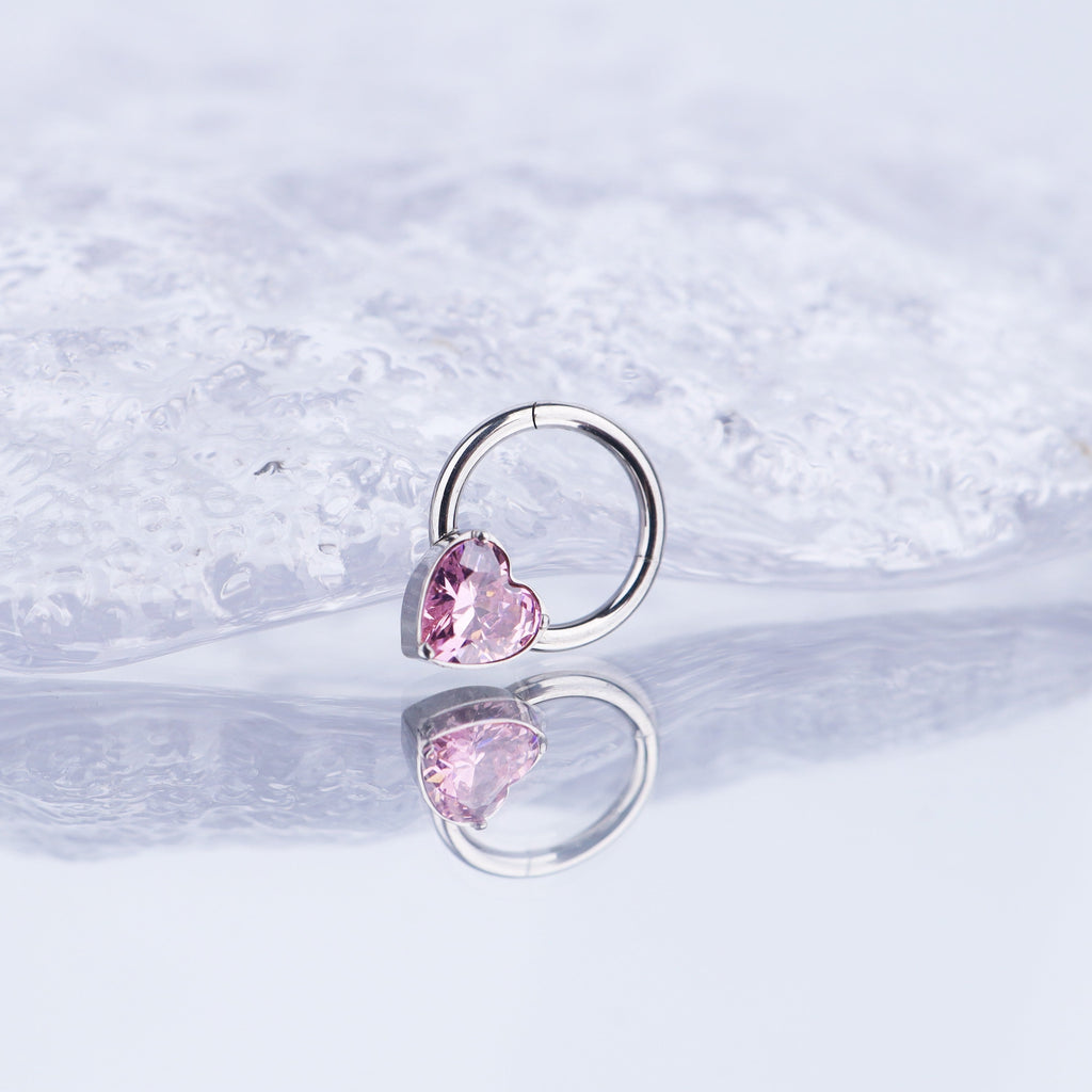 Heart-shaped CZ Stainless Steel Segment Hoop - Heart-shaped CZ Stainless Steel Segment Hoop - Pink / 8 mm by CRUXJEWELRY