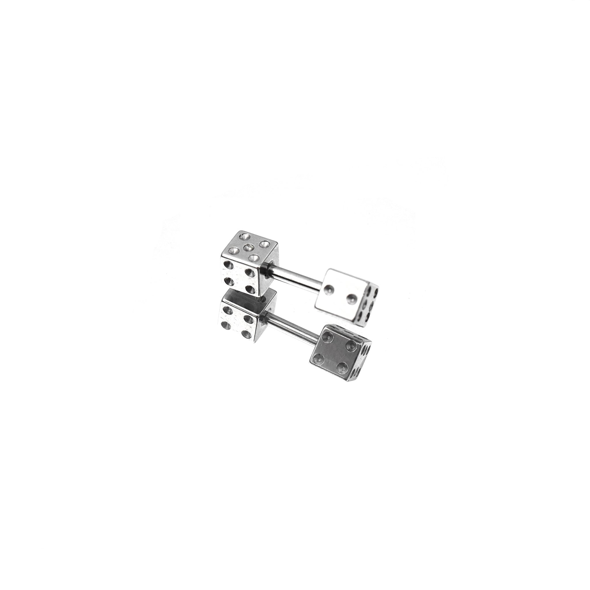 Silver Double-End Dice Externally Threaded Stainless Steel Ear Studs - Double Dice