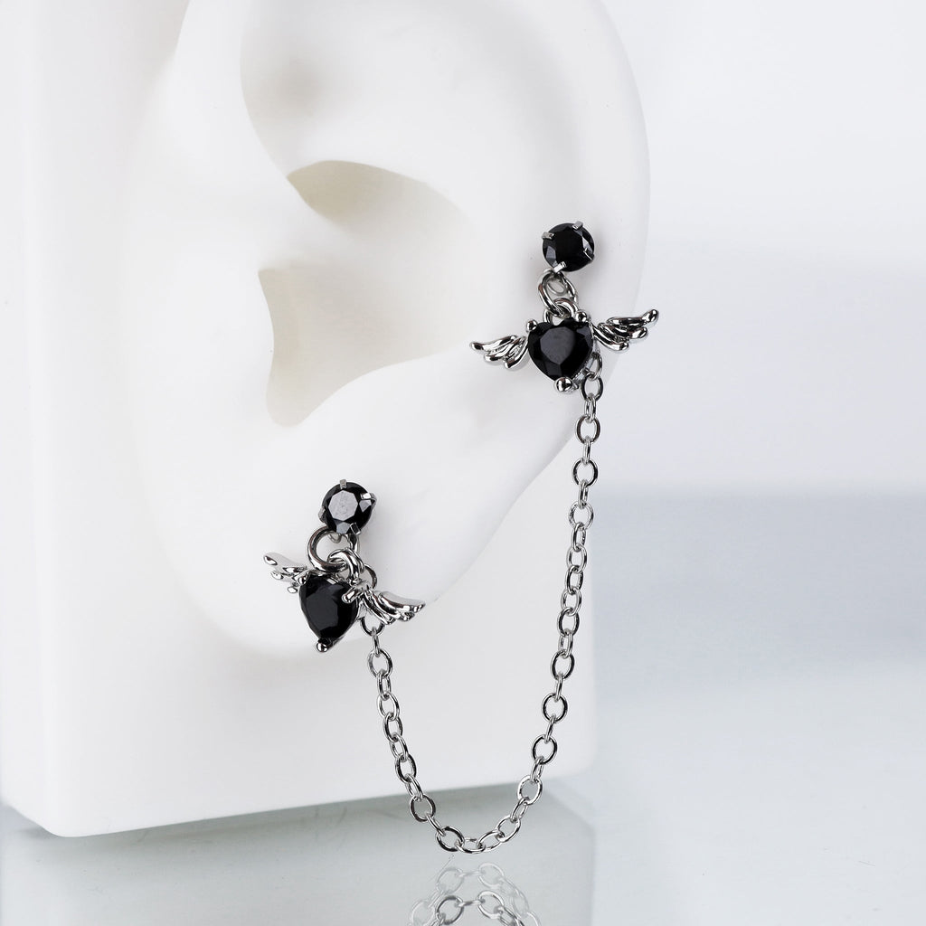 Double CZ Wing Stainless Steel Ear Chain - Double CZ Wing Stainless Steel Ear Chain - Black by CRUXJEWELRY