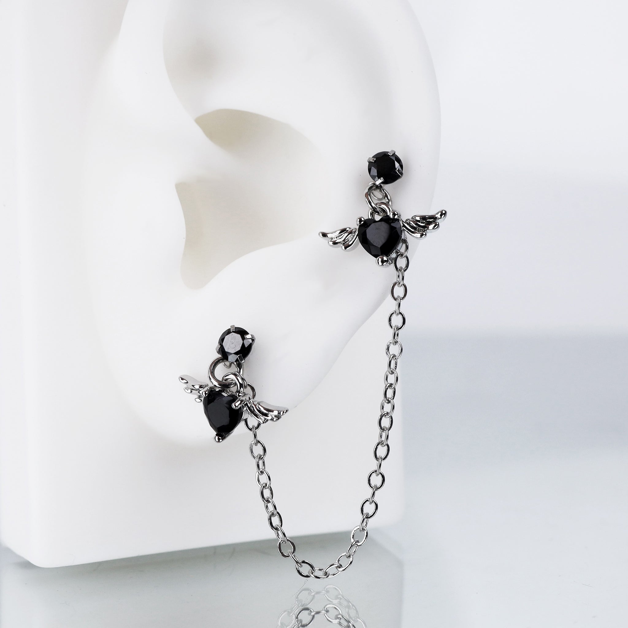 Double CZ Wing Stainless Steel Ear Chain - Double CZ Wing Stainless Steel Ear Chain - Black by CRUXJEWELRY