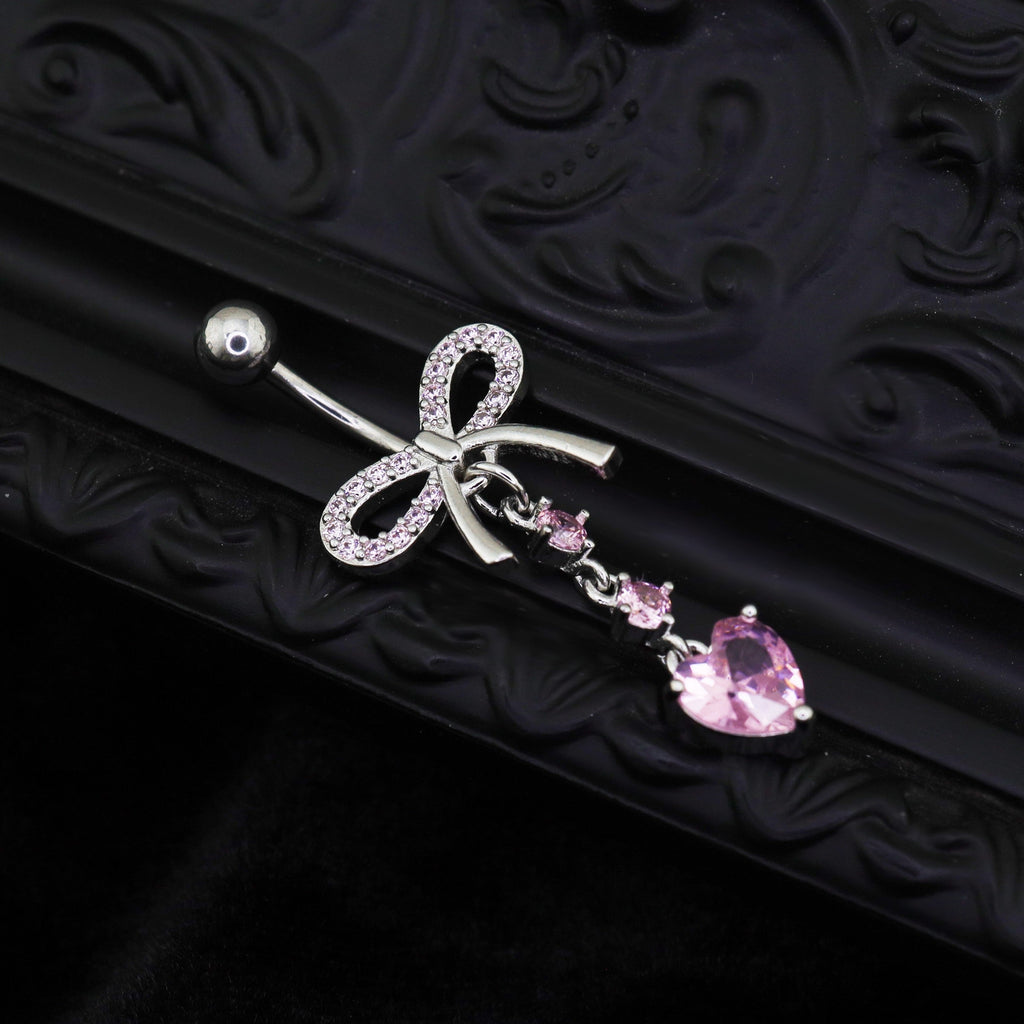 Heart-shaped CZ bow tie Dangle Belly Ring - Heart-shaped CZ bow tie Dangle Belly Ring - radiant-white by CRUXJEWELRY