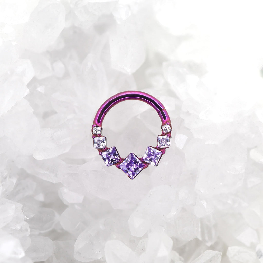 Square-Shaped Rainbow CZ Titanium Segment Hoop - Square-Shaped Rainbow CZ Titanium Segment Hoop - Purple by CRUXJEWELRY
