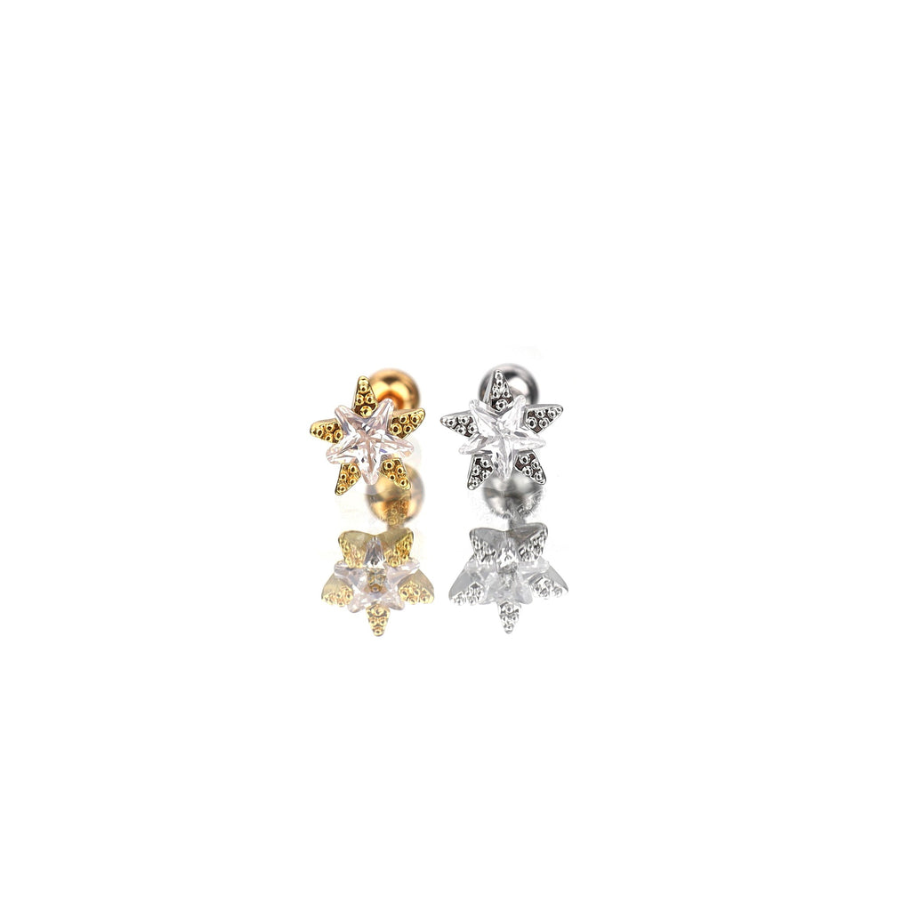 Gold Plated Double Layer CZ Pentagram Ear Studs - Gold Plated Double Layer CZ Pentagram Ear Studs - Sliver / Single by CRUXJEWELRY