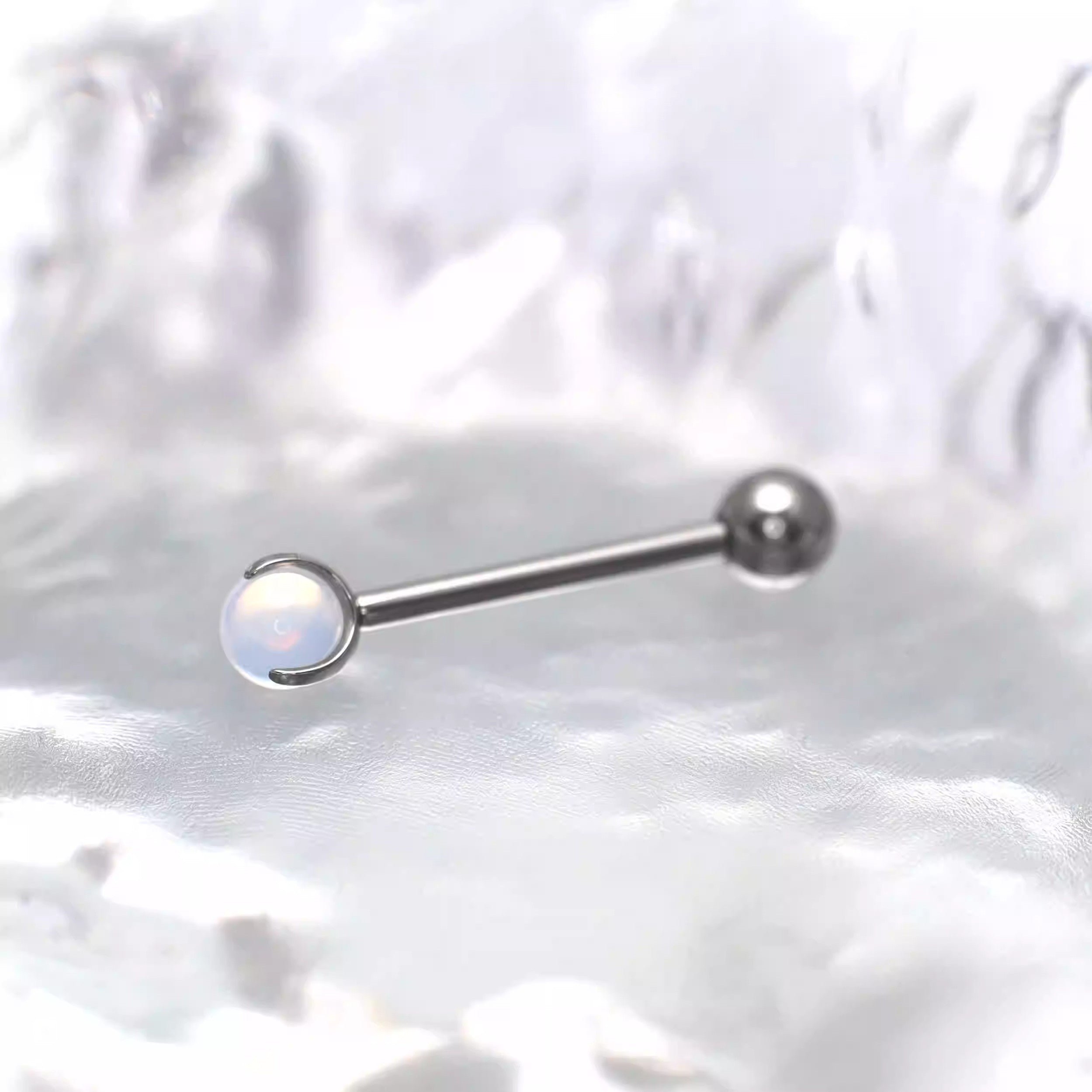 Pastel CZ Titanium barbell Tongue stud - Pastel CZ Titanium barbell Tongue stud - Moonlight White / 10mm by CRUXJEWELRY