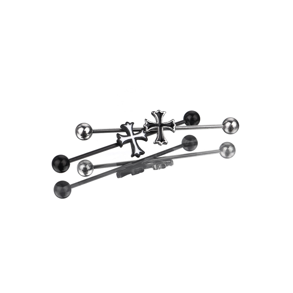 Black & White Cross Stainless Steel Industrial Barbell - Black & White Cross Stainless Steel Industrial Barbell - Sliver by CRUXJEWELRY