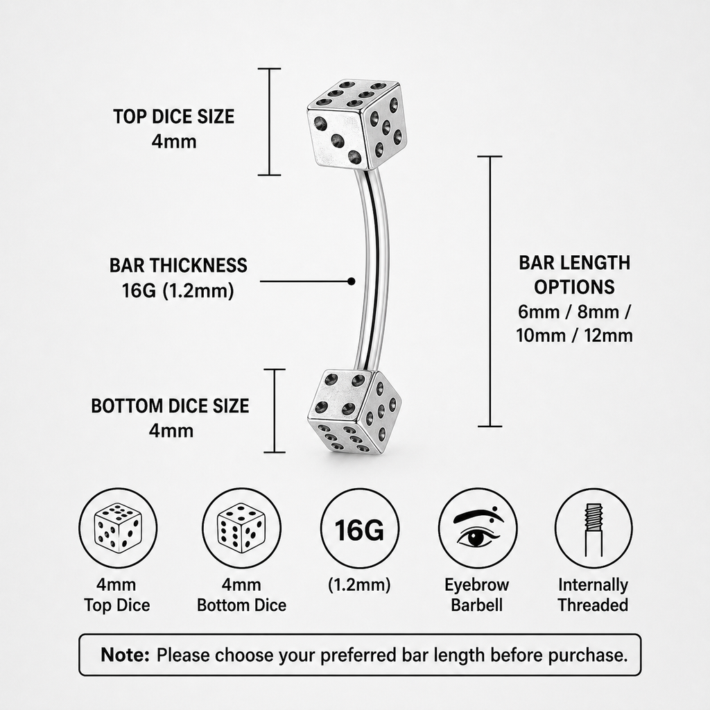 Dice Externally Threaded Stainless Steel Eyebrow Studs