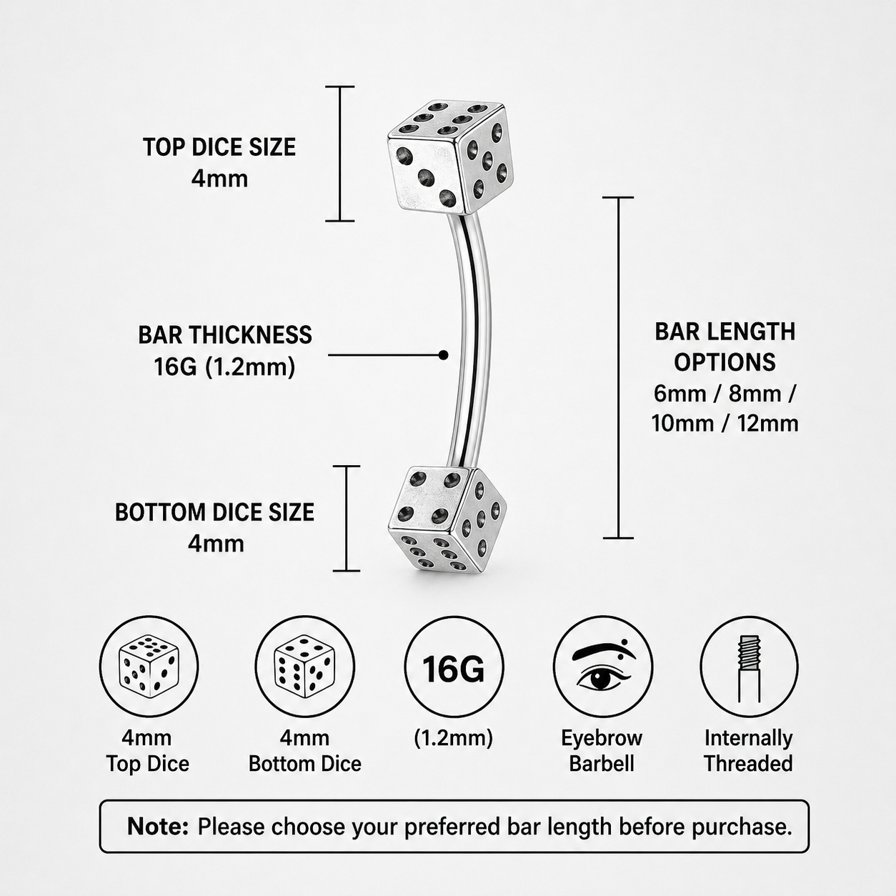 Dice Externally Threaded Stainless Steel Eyebrow Studs