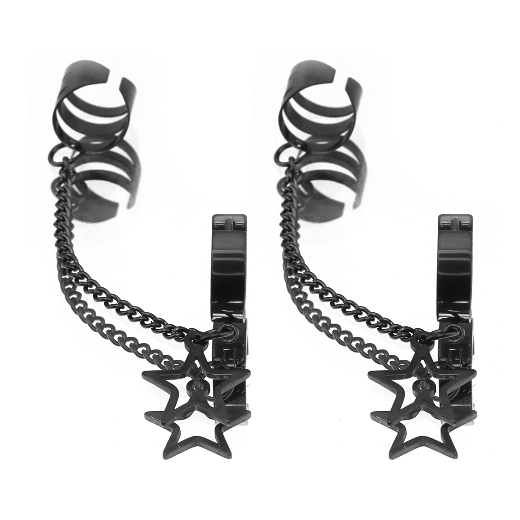 Black & White Chain Pentagram Stainless Steel Ear Clips - Black & White Chain Pentagram Stainless Steel Ear Clips - Black / Set by CRUXJEWELRY