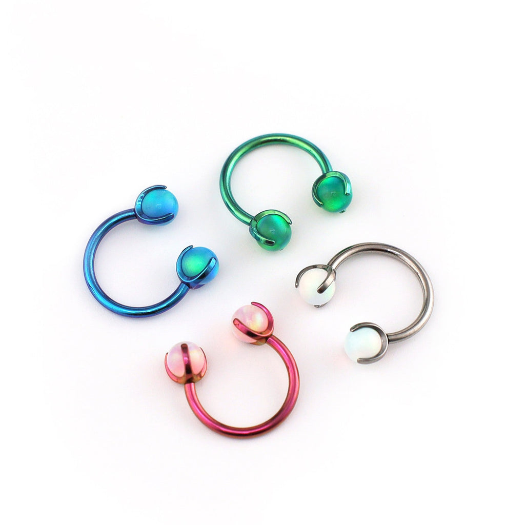 Iridescent Opal Internally Threaded Titanium Horseshoe Ring - Iridescent Opal Internally Threaded Titanium Horseshoe Ring - Light Blue / 8mm by CRUXJEWELRY