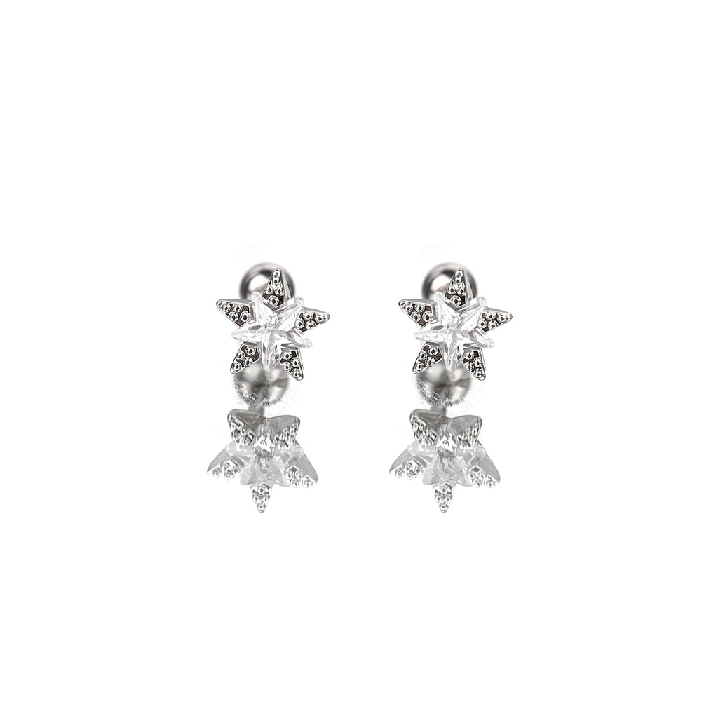 Gold Plated Double Layer CZ Pentagram Ear Studs - Gold Plated Double Layer CZ Pentagram Ear Studs - Sliver / Set by CRUXJEWELRY
