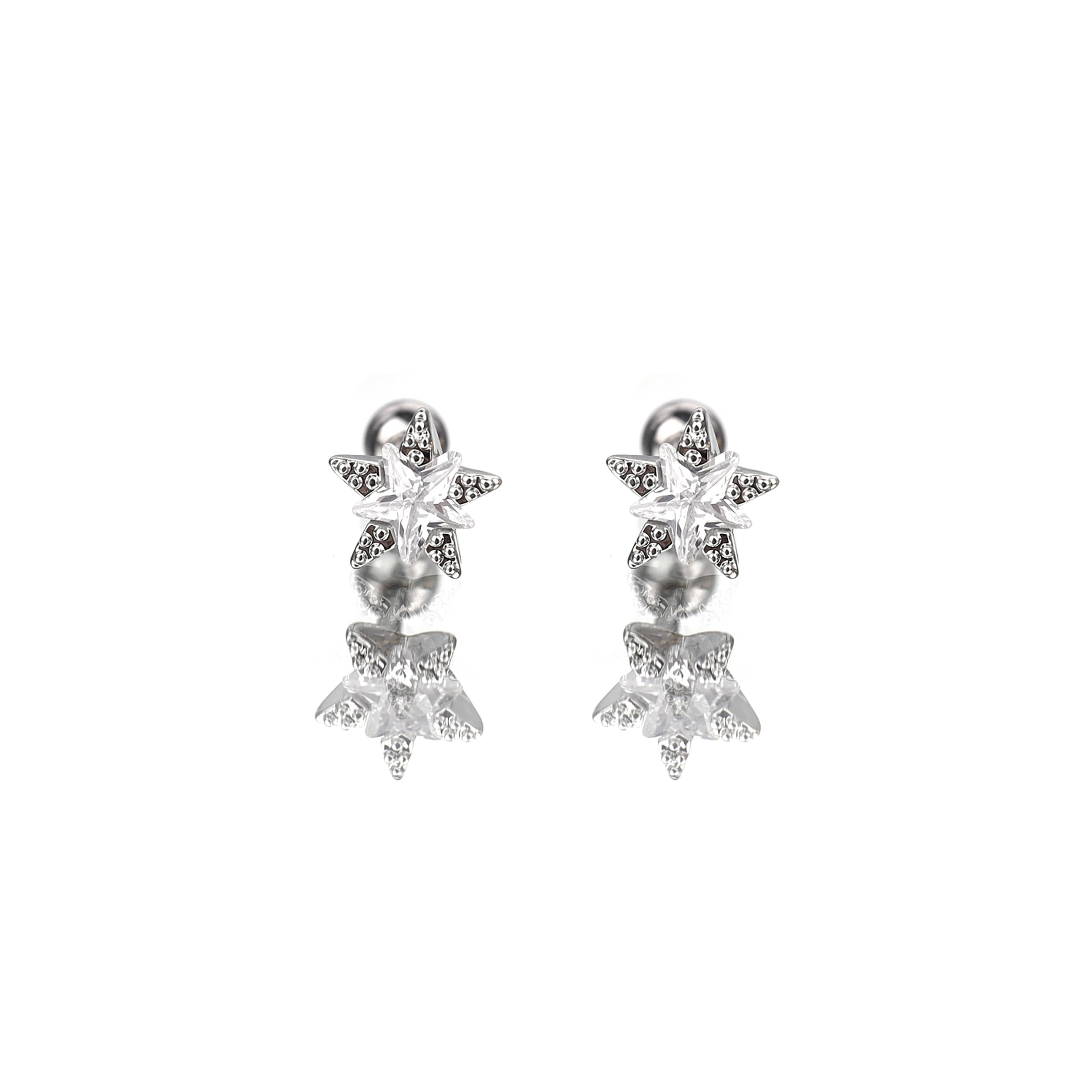 Gold Plated Double Layer CZ Pentagram Ear Studs - Gold Plated Double Layer CZ Pentagram Ear Studs - Sliver / Set by CRUXJEWELRY