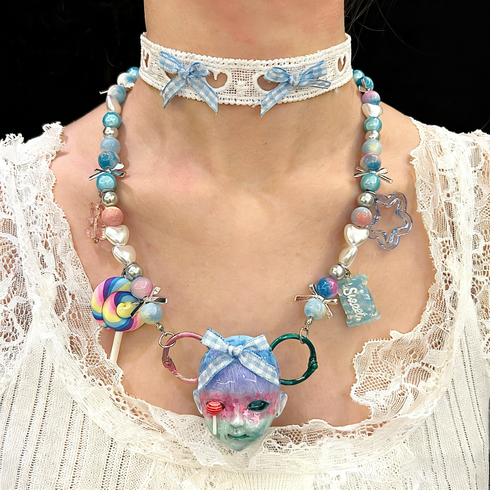 Sweet Lolita Pastel Doll Face Necklace with Rainbow & Blue Gingham Bows