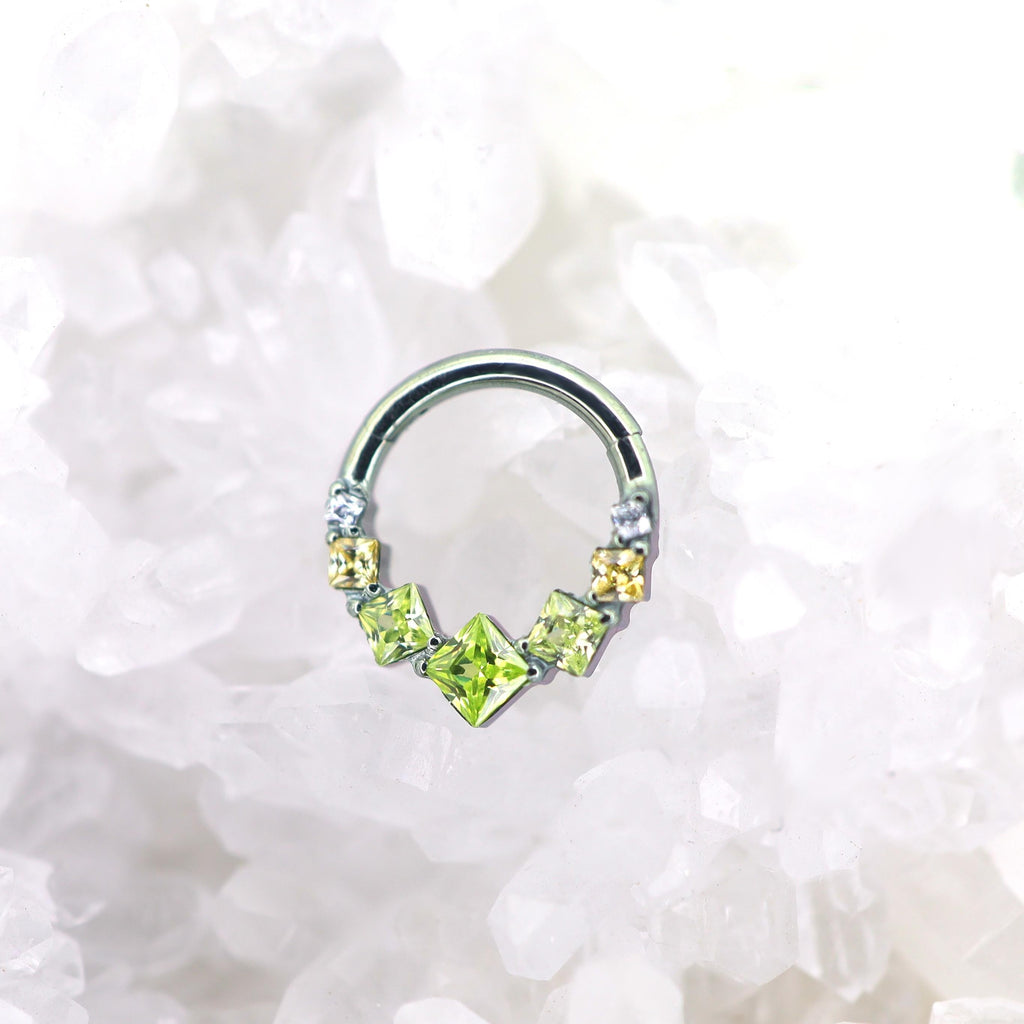 Square-Shaped Rainbow CZ Titanium Segment Hoop - Square-Shaped Rainbow CZ Titanium Segment Hoop - Light Green by CRUXJEWELRY