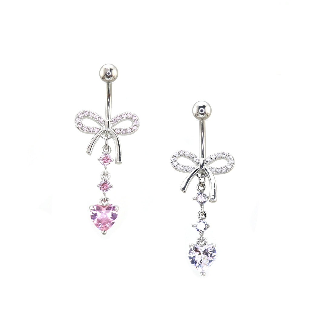Heart-shaped CZ bow tie Dangle Belly Ring - Heart-shaped CZ bow tie Dangle Belly Ring - radiant-white by CRUXJEWELRY