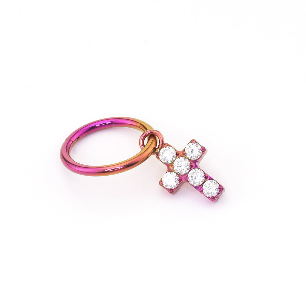 Cross Pendant CZ Titanium Ear Segment Hoop - Cross Pendant CZ Titanium Ear Segment Hoop - Pink-Purple Gradient / 6mm by CRUXJEWELRY