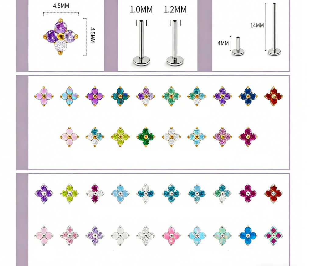 F136 Titanium Gold Bar Opal Four Leaf Clover Internally Threaded Flat Back Studs