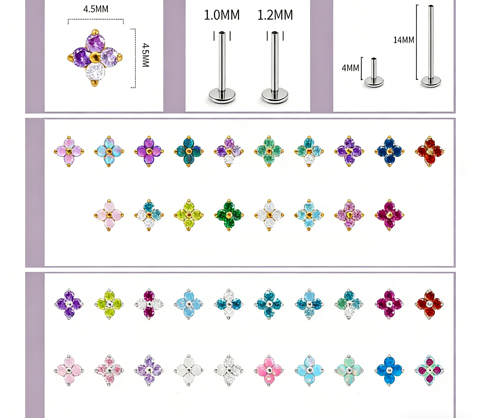 F136 Titanium Gold Bar Opal Four Leaf Clover Internally Threaded Flat Back Studs