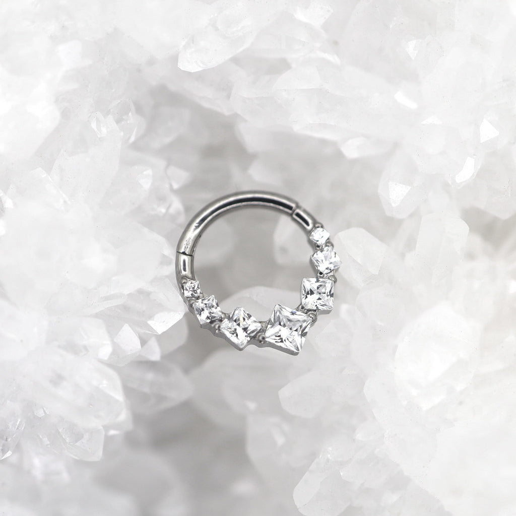 Square-Shaped Rainbow CZ Titanium Segment Hoop - Square-Shaped Rainbow CZ Titanium Segment Hoop - White by CRUXJEWELRY