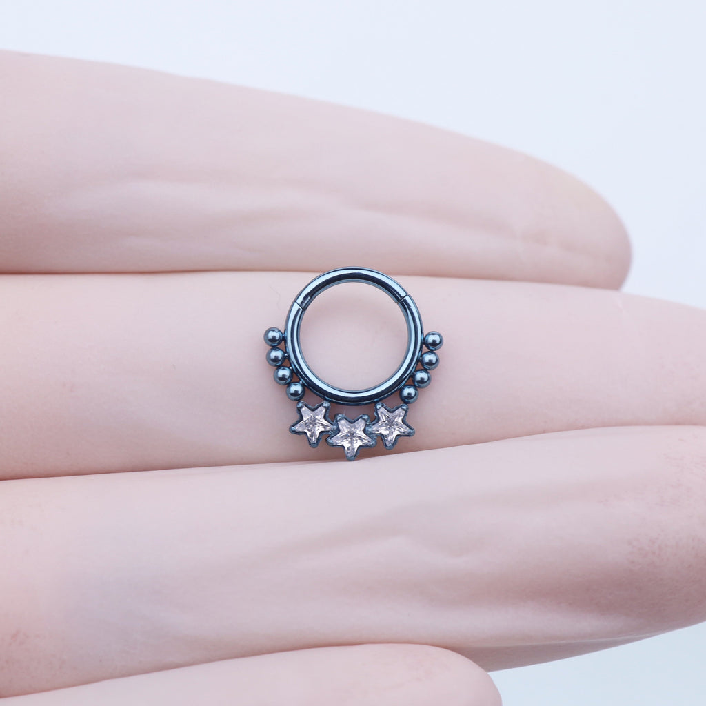 Triple Star CZ Titanium Segment Septum/Ear Hoop - Triple Star CZ Titanium Segment Septum/Ear Hoop - silver-1 by CRUXJEWELRY