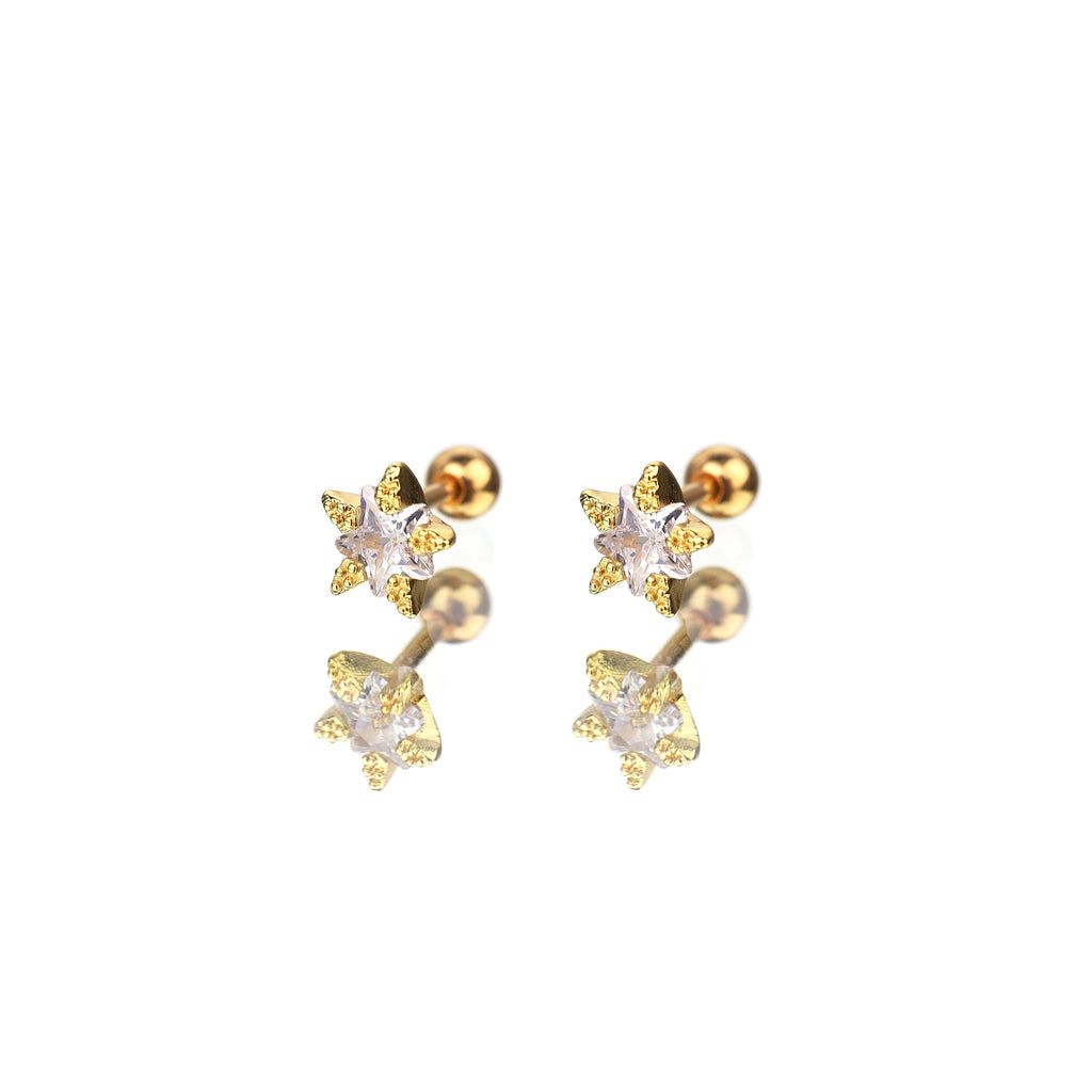 Gold Plated Double Layer CZ Pentagram Ear Studs - Gold Plated Double Layer CZ Pentagram Ear Studs - Gold / Set by CRUXJEWELRY