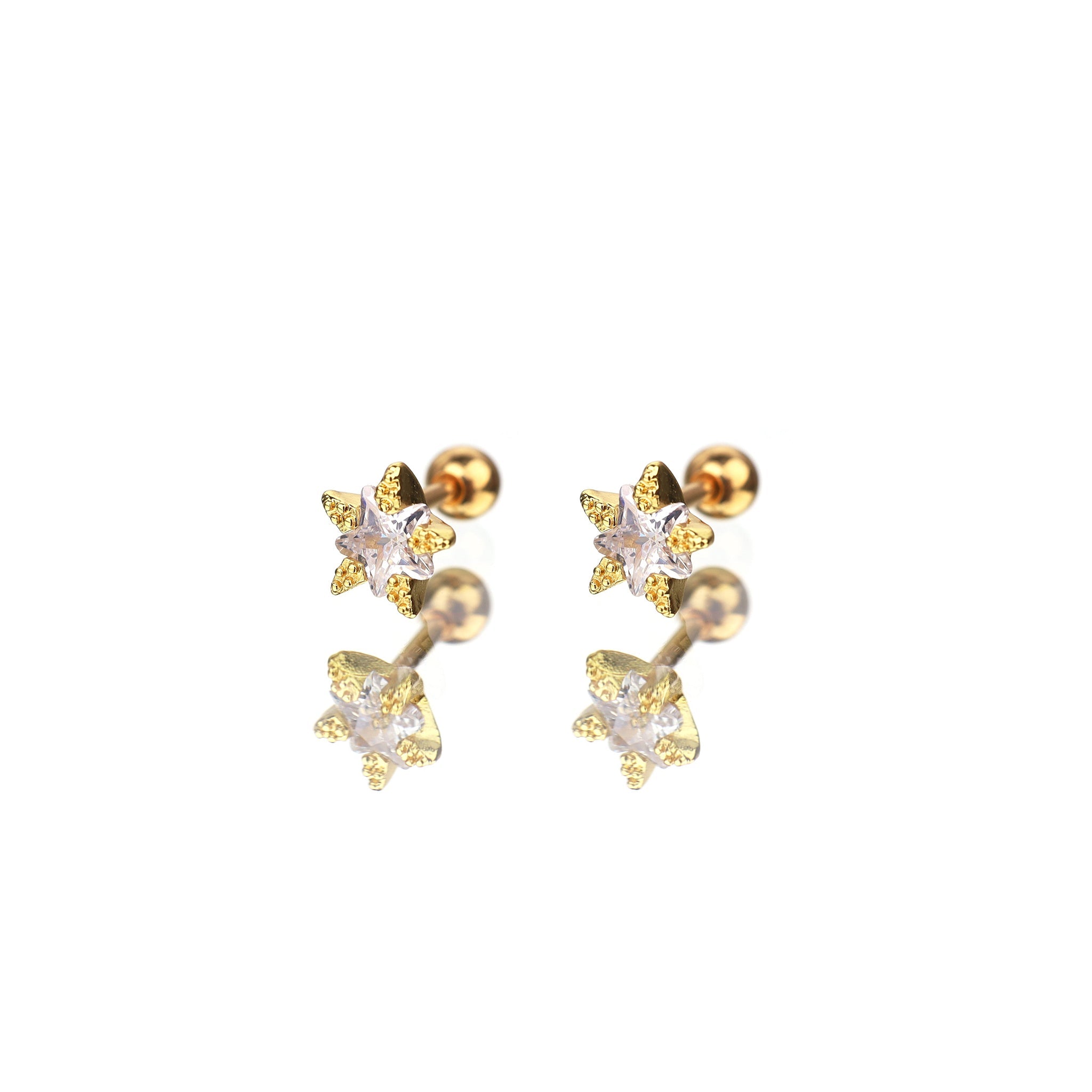 Gold Plated Double Layer CZ Pentagram Ear Studs - Gold Plated Double Layer CZ Pentagram Ear Studs - Gold / Set by CRUXJEWELRY