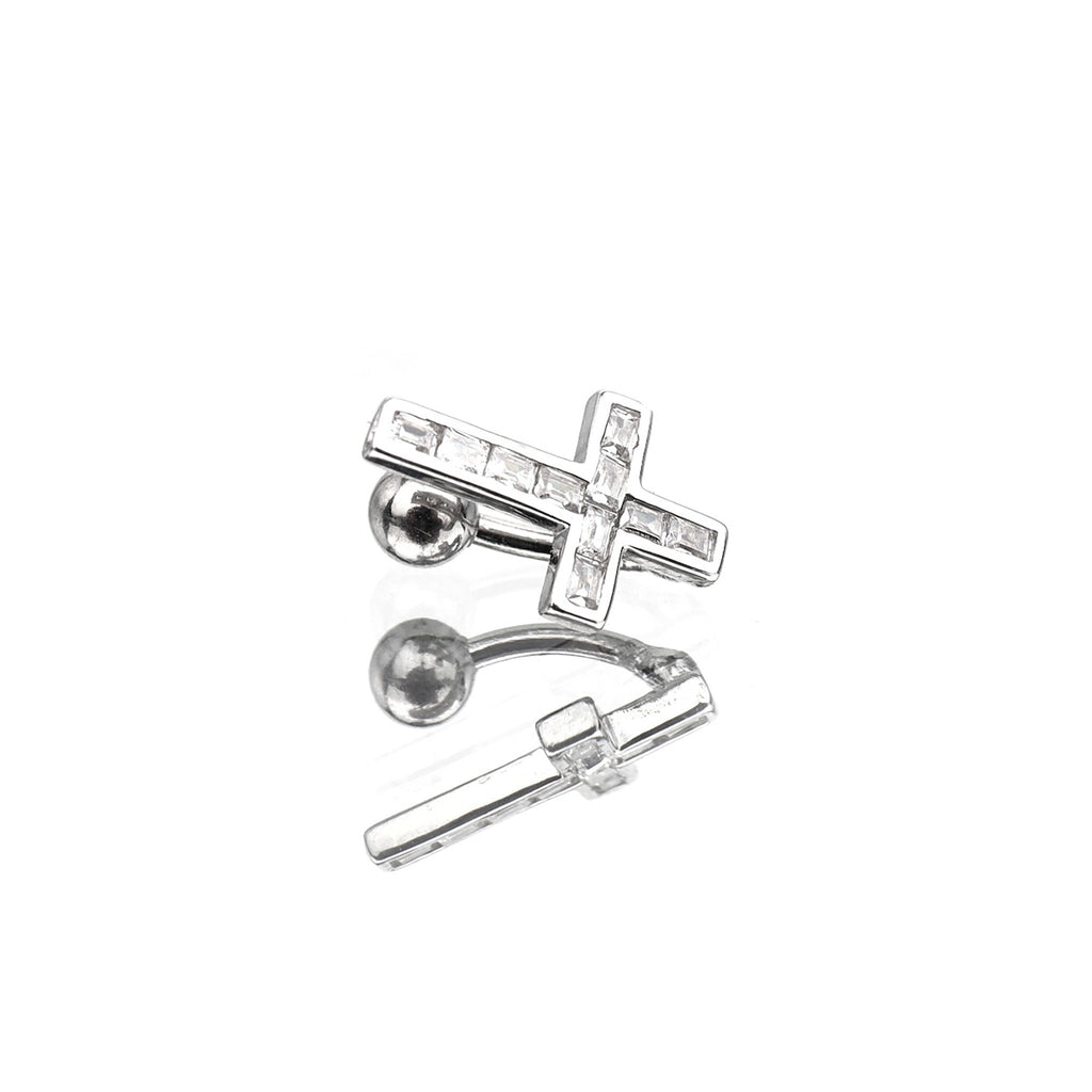 Curved Cross CZ Sterling Silver Navel Ring - Curved Cross CZ Sterling Silver Navel Ring - 6mm by CRUXJEWELRY