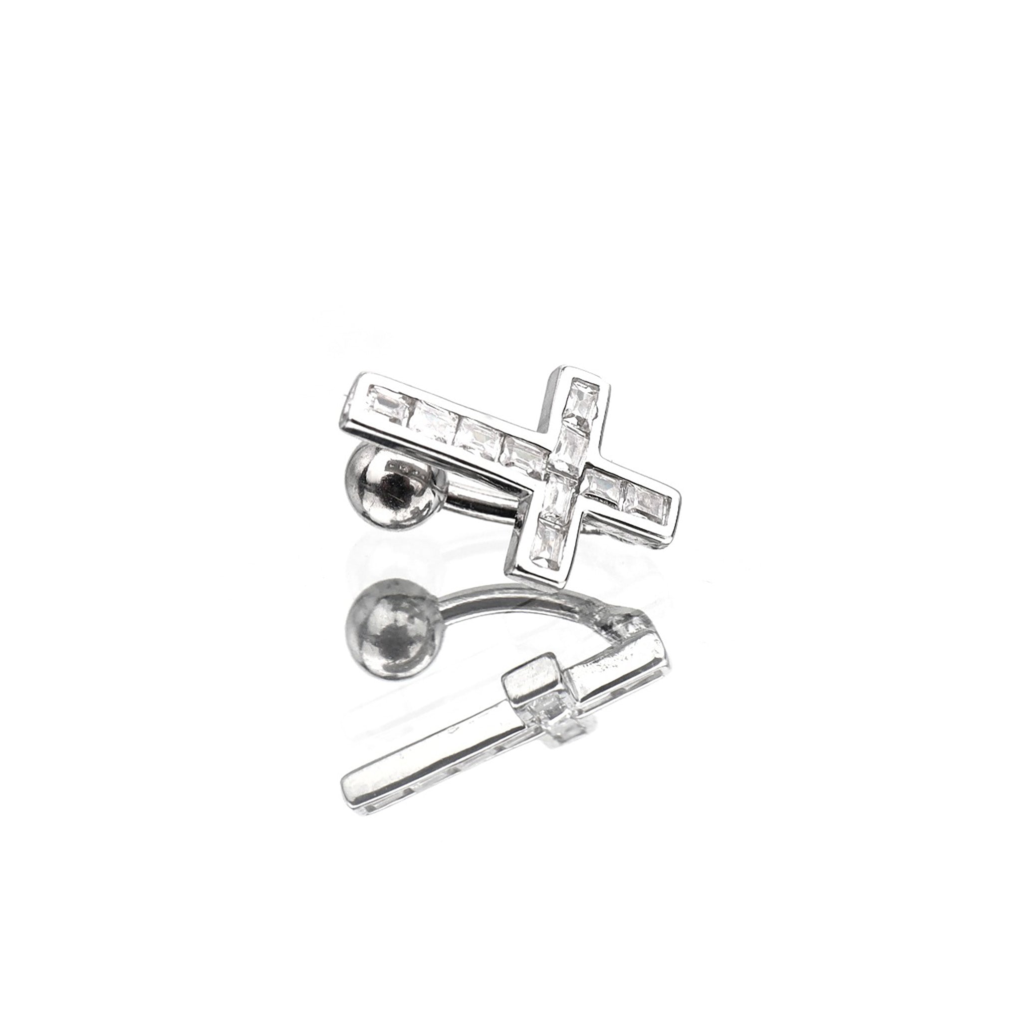 Curved Cross CZ Sterling Silver Navel Ring - Curved Cross CZ Sterling Silver Navel Ring - 6mm by CRUXJEWELRY
