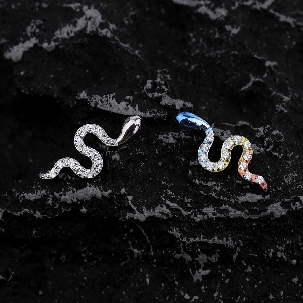Curved Snake CZ Internally Threaded Titanium Ear Studs - Curved Snake CZ Internally Threaded Titanium Ear Studs - Sliver / 6mm by CRUXJEWELRY