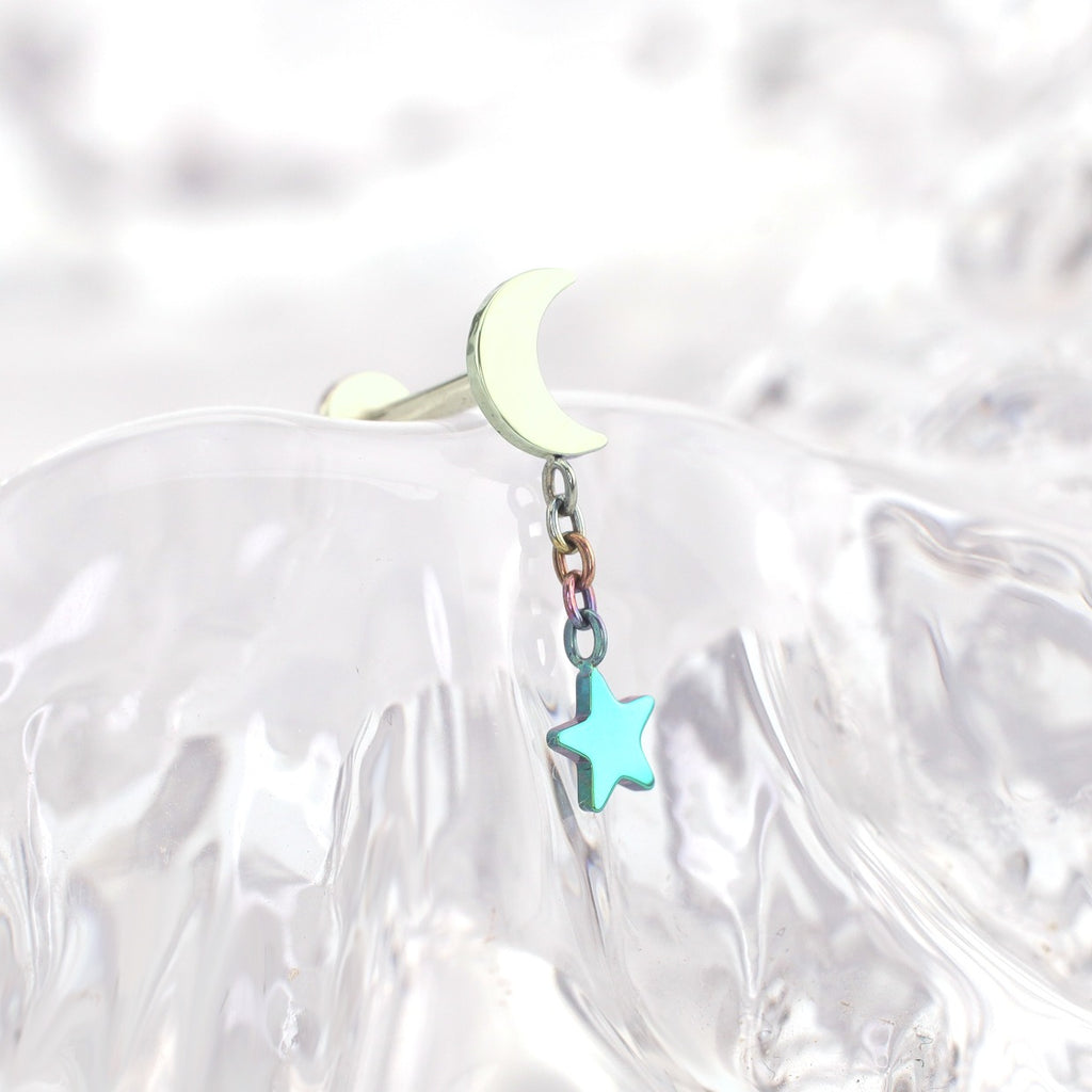 Moon & Star Dangle Titanium Ear Studs - Moon & Star Dangle Titanium Ear Studs - Blue-White Gradient / 6mm by CRUXJEWELRY