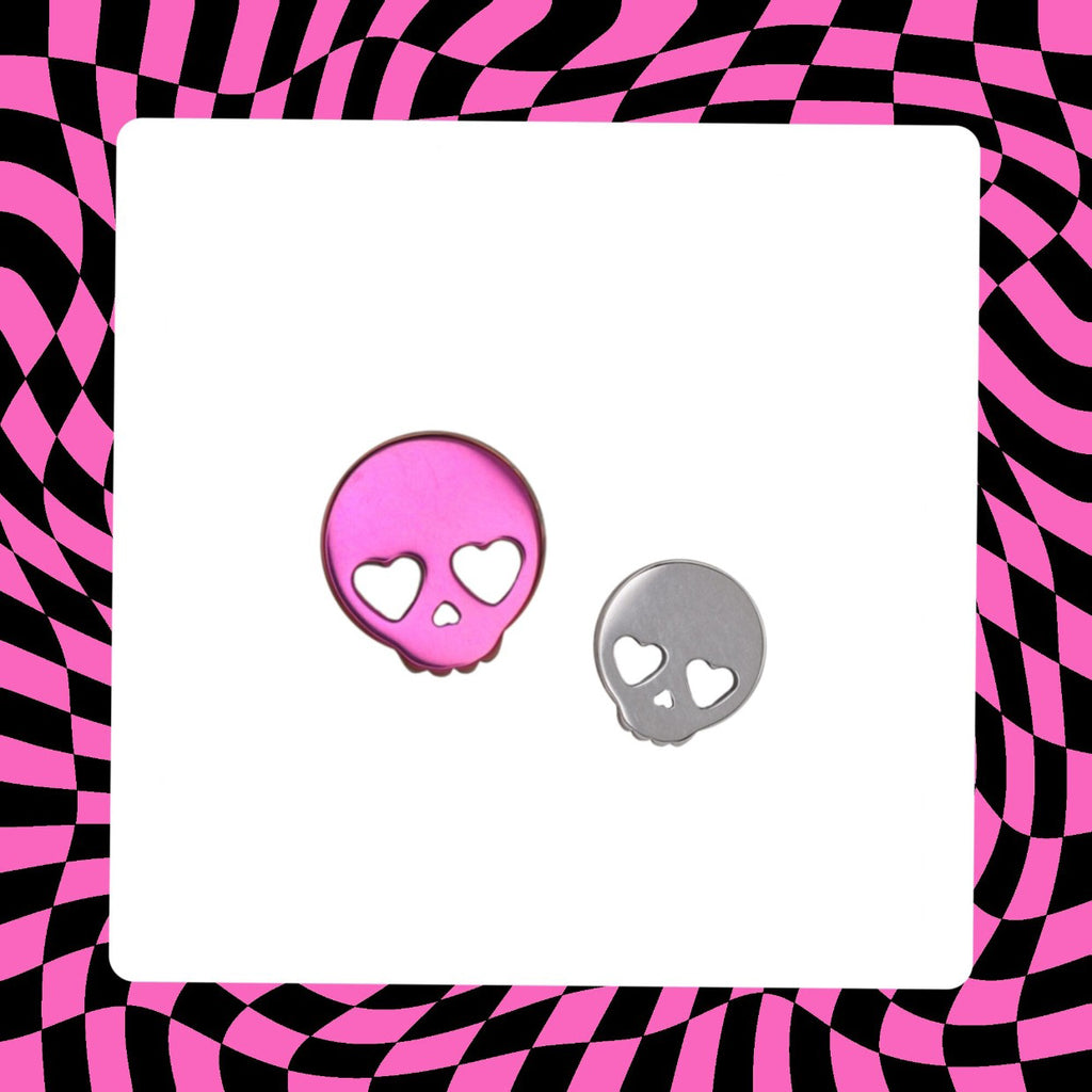 Hallowmas - Sweetheart Skeleton Titanium Ear Studs - Hallowmas - Sweetheart Skeleton Titanium Ear Studs - Pink / 6mm by CRUXJEWELRY