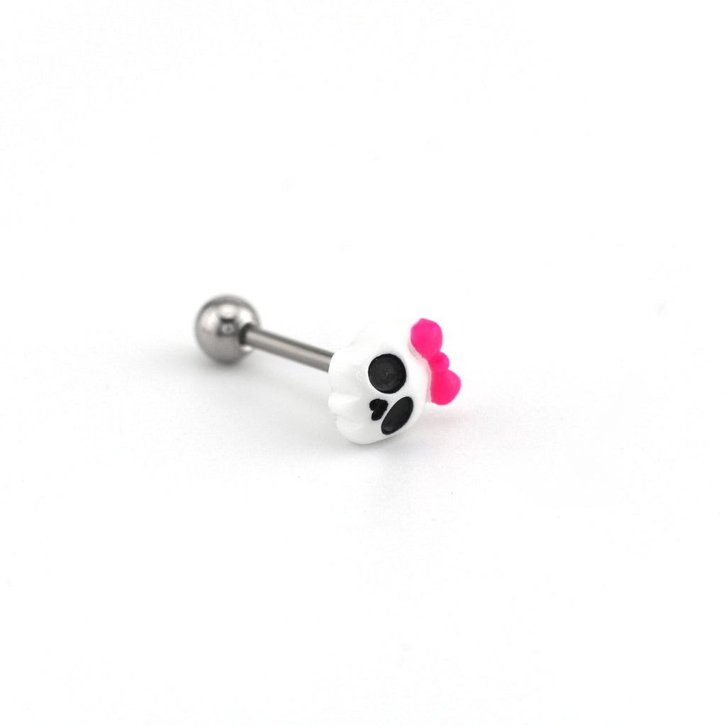 Hallowmas - Playful Skull & Bow Helix Tongue Studs - Hallowmas - Playful Skull & Bow Helix Tongue Studs - 0.8mm/20G / 12mm by CRUXJEWELRY