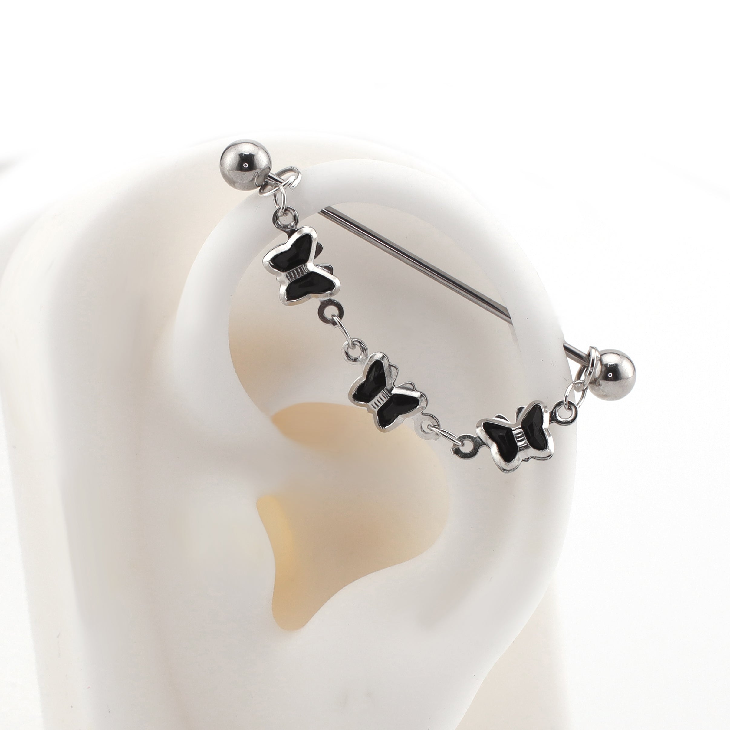 Black Oil Slick Gothic Butterfly Earring Set - Black Oil Slick Gothic Butterfly Earring Set - Butterfly Chain & Industrial Bar by CRUXJEWELRY