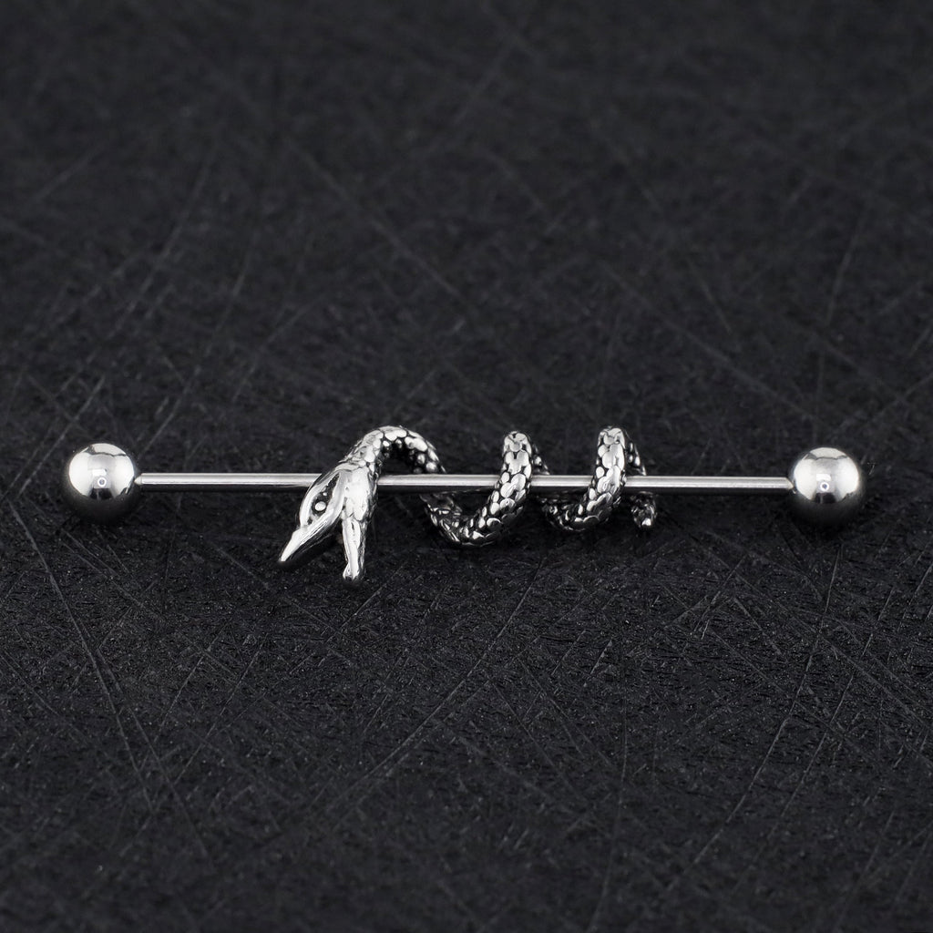 Sliver Coiled Serpent Stainless Steel Industrial Barbell - Sliver Coiled Serpent Stainless Steel Industrial Barbell - Default Title by CRUXJEWELRY