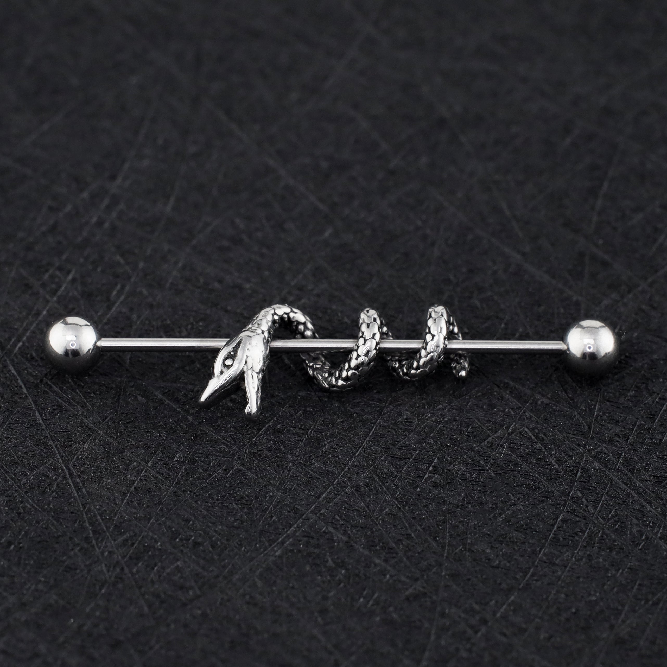 Sliver Coiled Serpent Stainless Steel Industrial Barbell - Sliver Coiled Serpent Stainless Steel Industrial Barbell - Default Title by CRUXJEWELRY