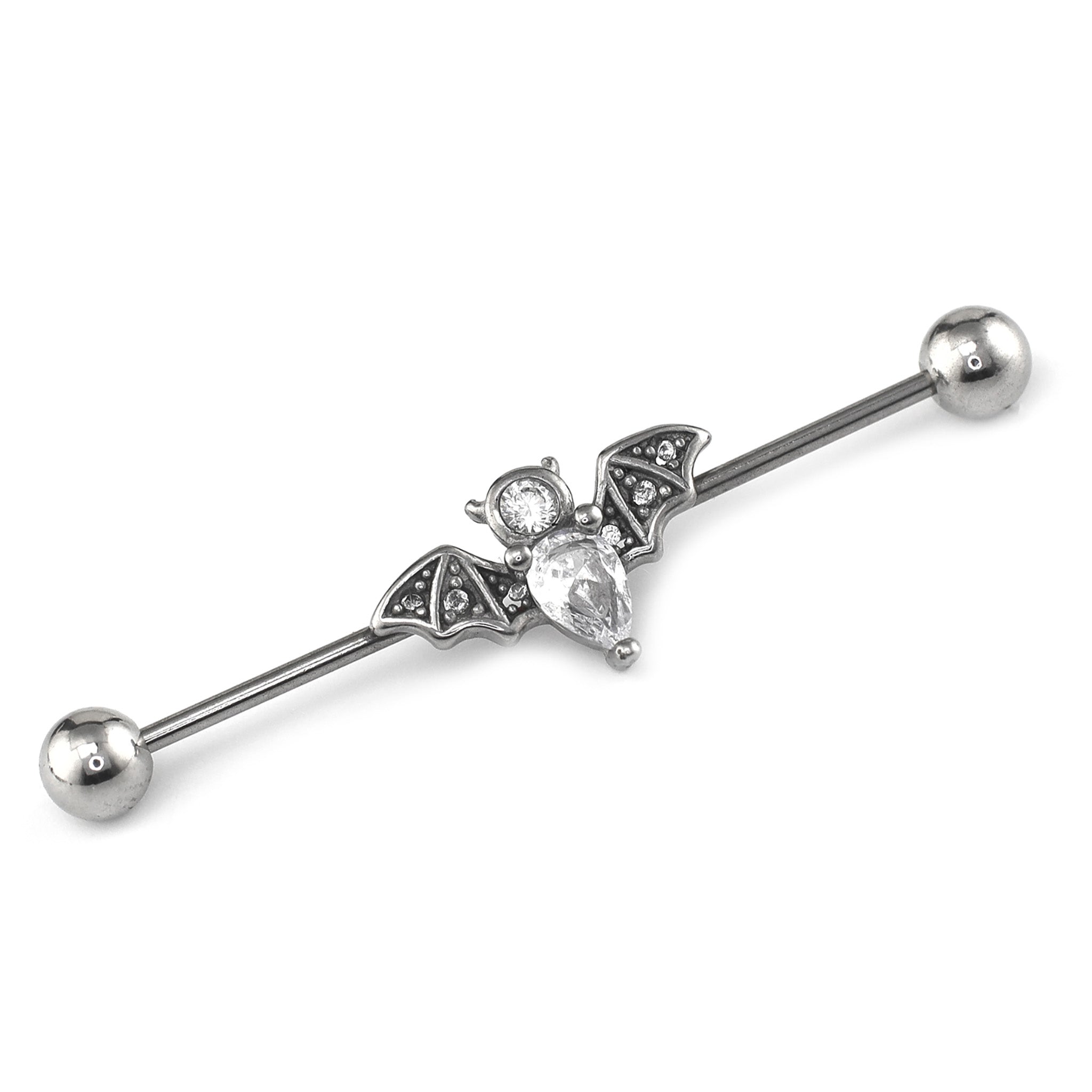 Engraved Crystal Bat Stainless Steel Industrial Barbell - Engraved Crystal Bat Stainless Steel Industrial Barbell - Default Title by CRUXJEWELRY