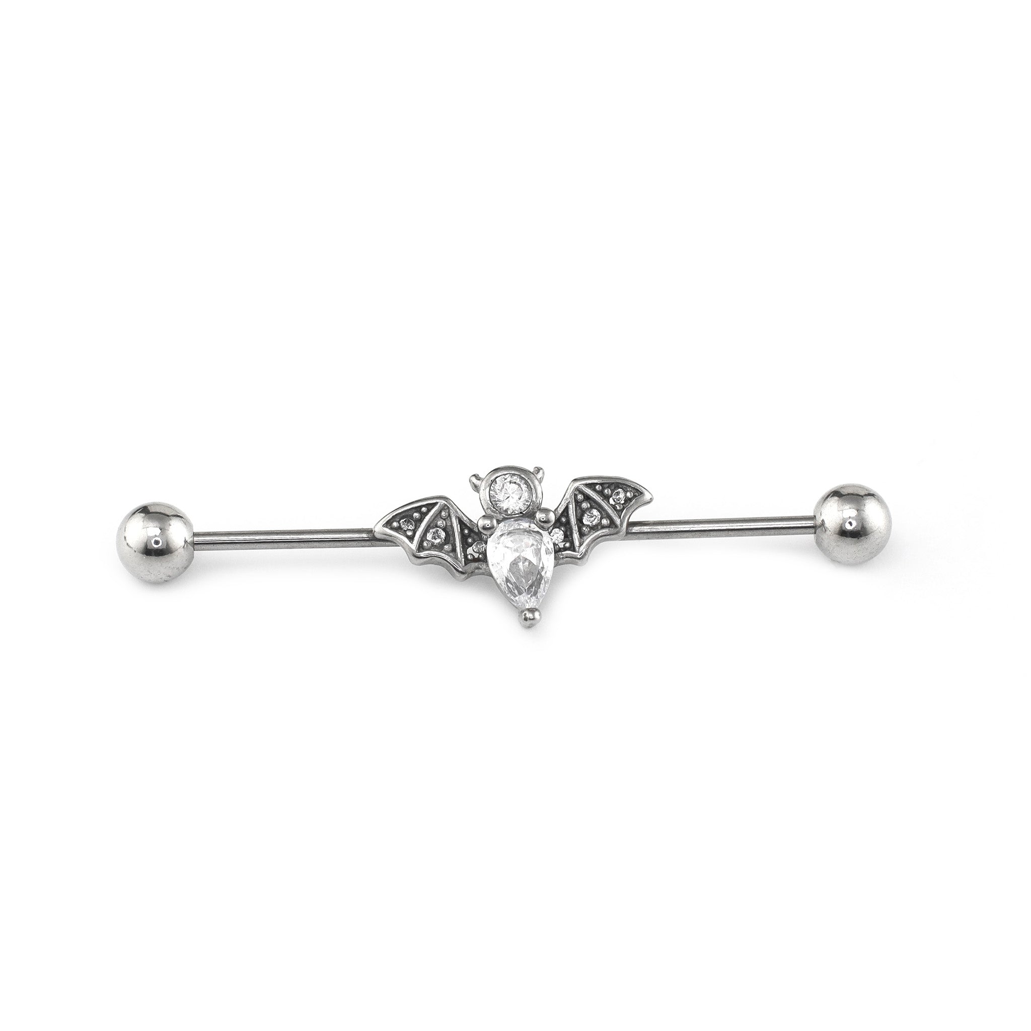 Engraved Crystal Bat Stainless Steel Industrial Barbell - Engraved Crystal Bat Stainless Steel Industrial Barbell - Default Title by CRUXJEWELRY