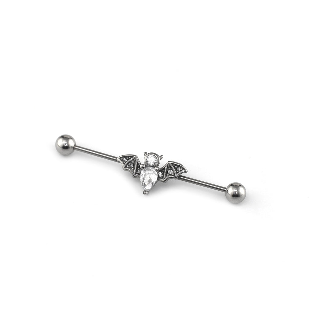 Engraved Crystal Bat Stainless Steel Industrial Barbell - Engraved Crystal Bat Stainless Steel Industrial Barbell - Default Title by CRUXJEWELRY
