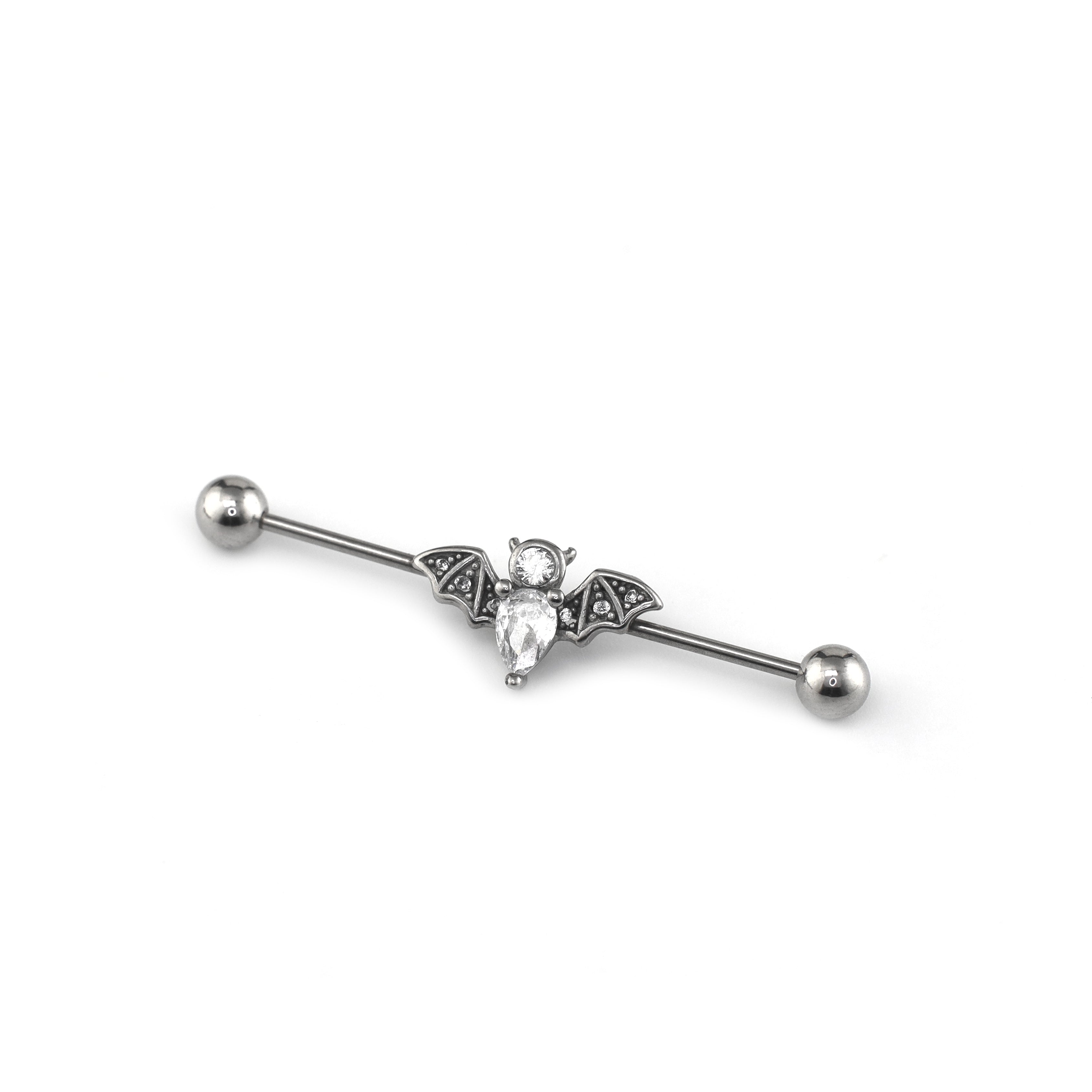 Engraved Crystal Bat Stainless Steel Industrial Barbell - Engraved Crystal Bat Stainless Steel Industrial Barbell - Default Title by CRUXJEWELRY