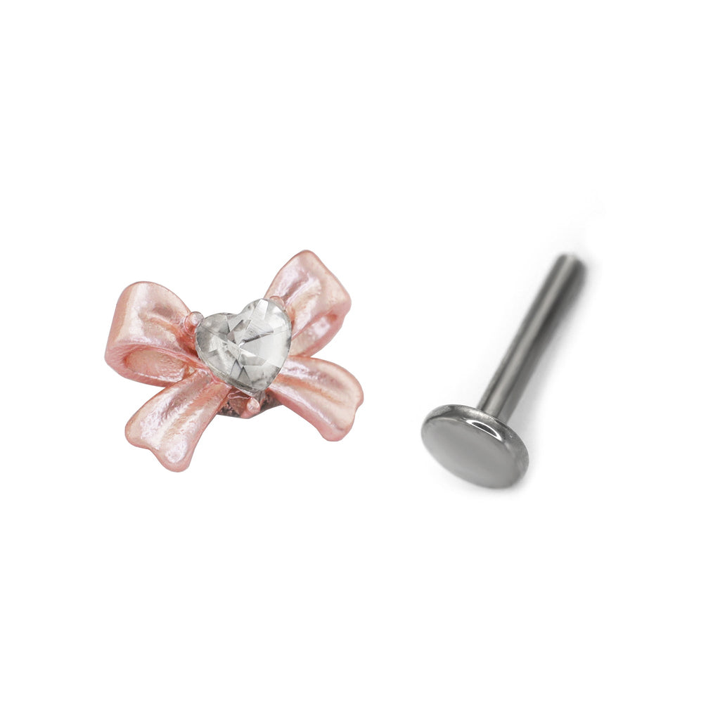 Heart CZ Pink Bow Internally Threaded Stainless Steel Studs - Heart CZ Pink Bow Internally Threaded Stainless Steel Studs - Single / 6mm by CRUXJEWELRY