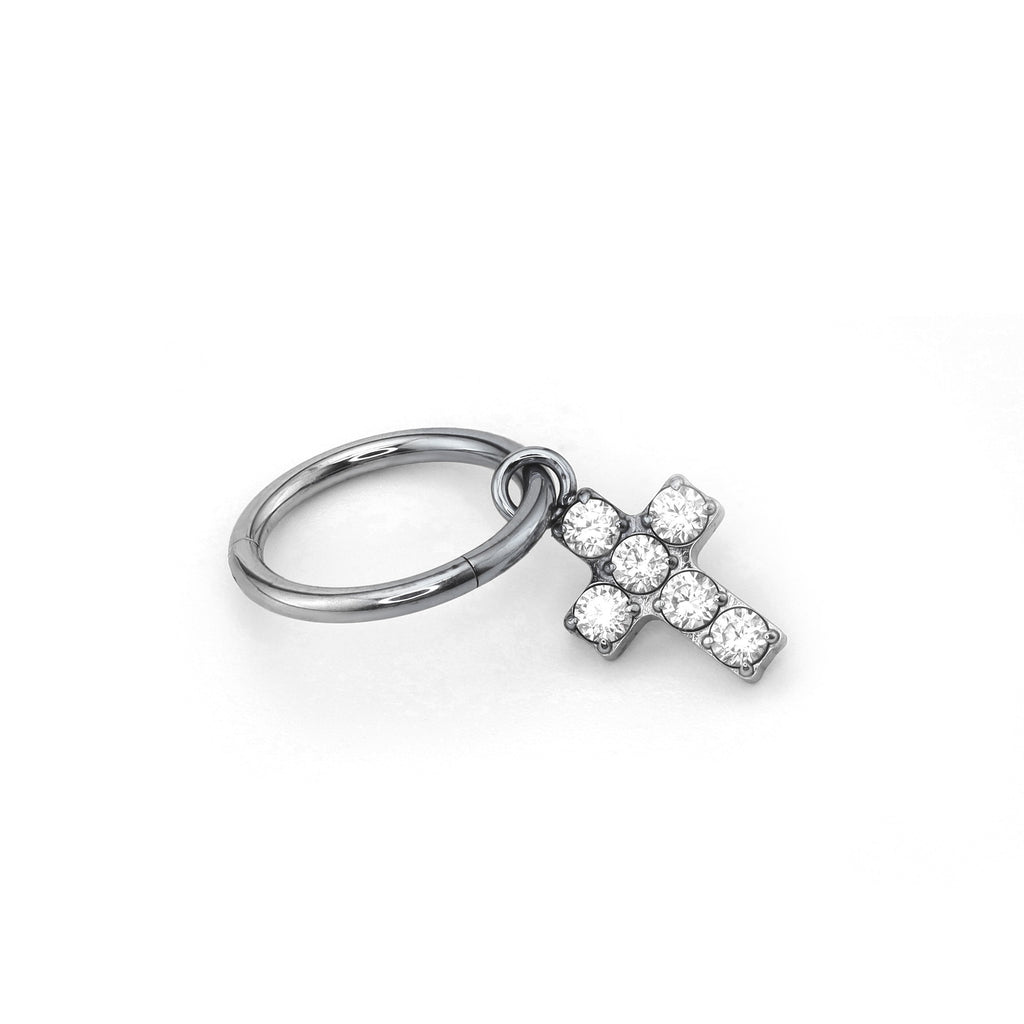 Cross Pendant CZ Titanium Ear Segment Hoop - Cross Pendant CZ Titanium Ear Segment Hoop - Silver / 6mm by CRUXJEWELRY